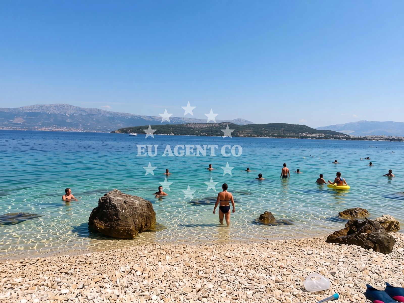 Shoreline and swimming area at Kava beach in , Slatine