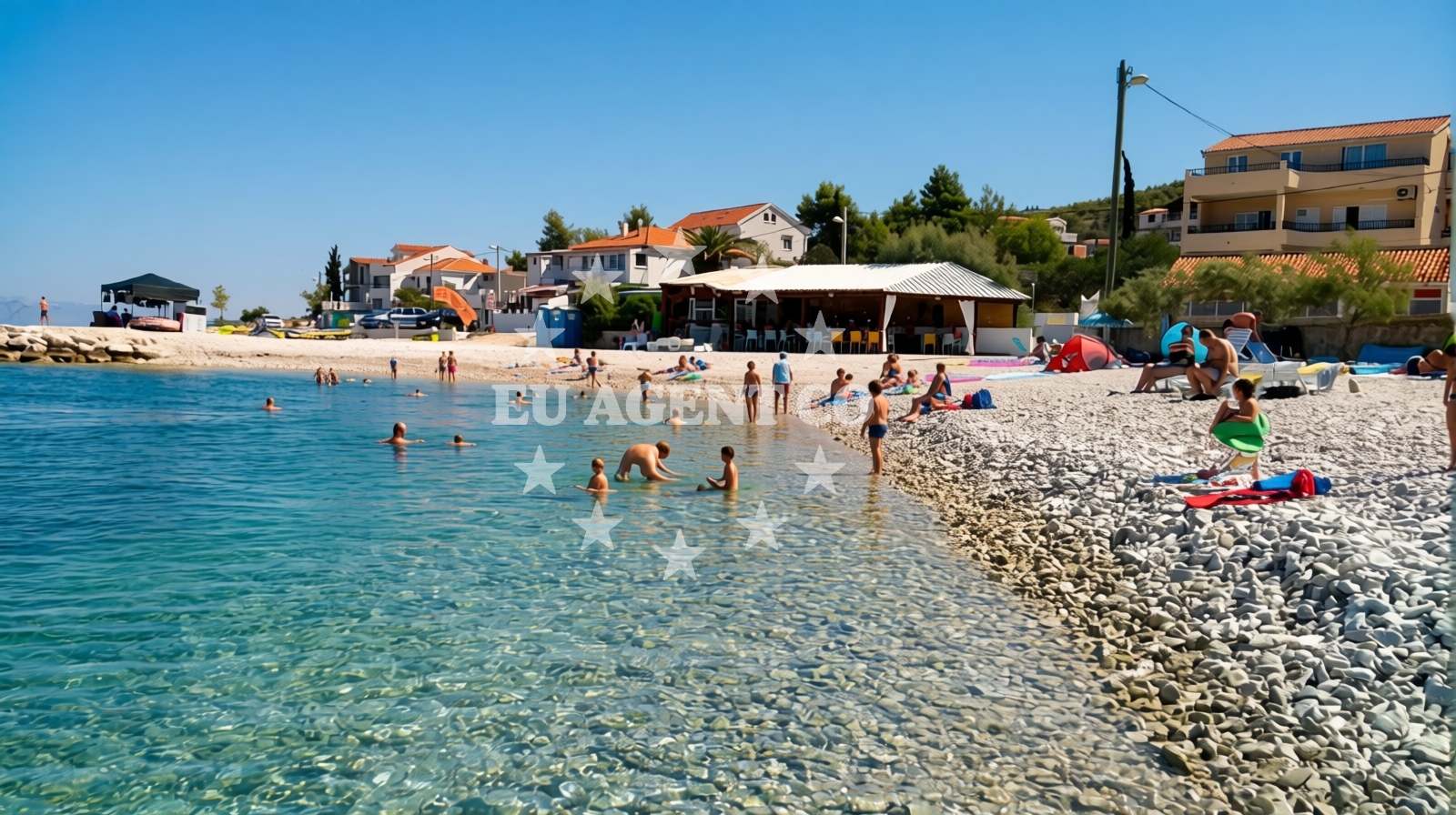 Beach facilities and surroundings at Krcica beach in , Trogir
