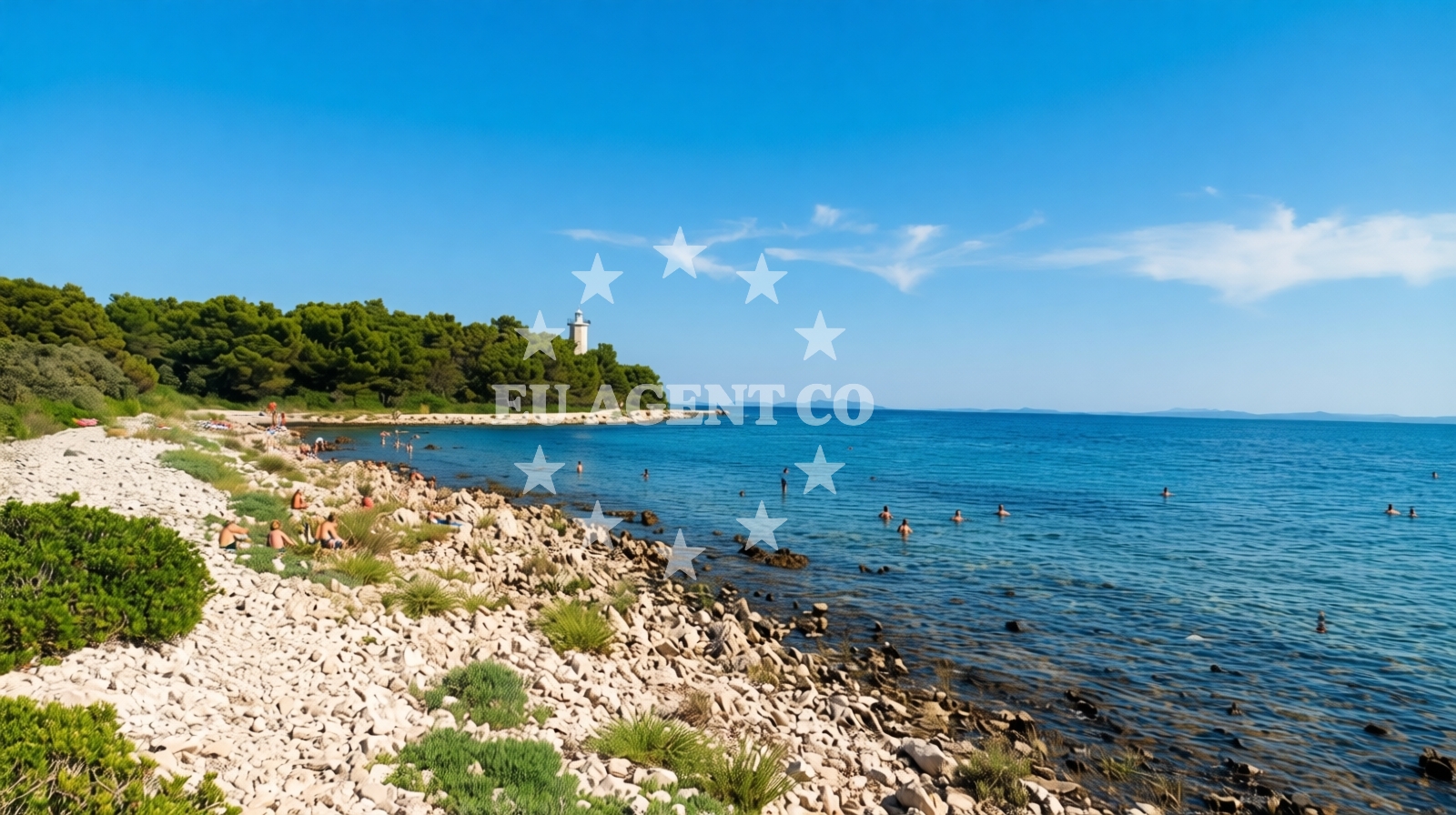 Shoreline and swimming area at Lanterna Beach in Ulica Radnjača I, Vir