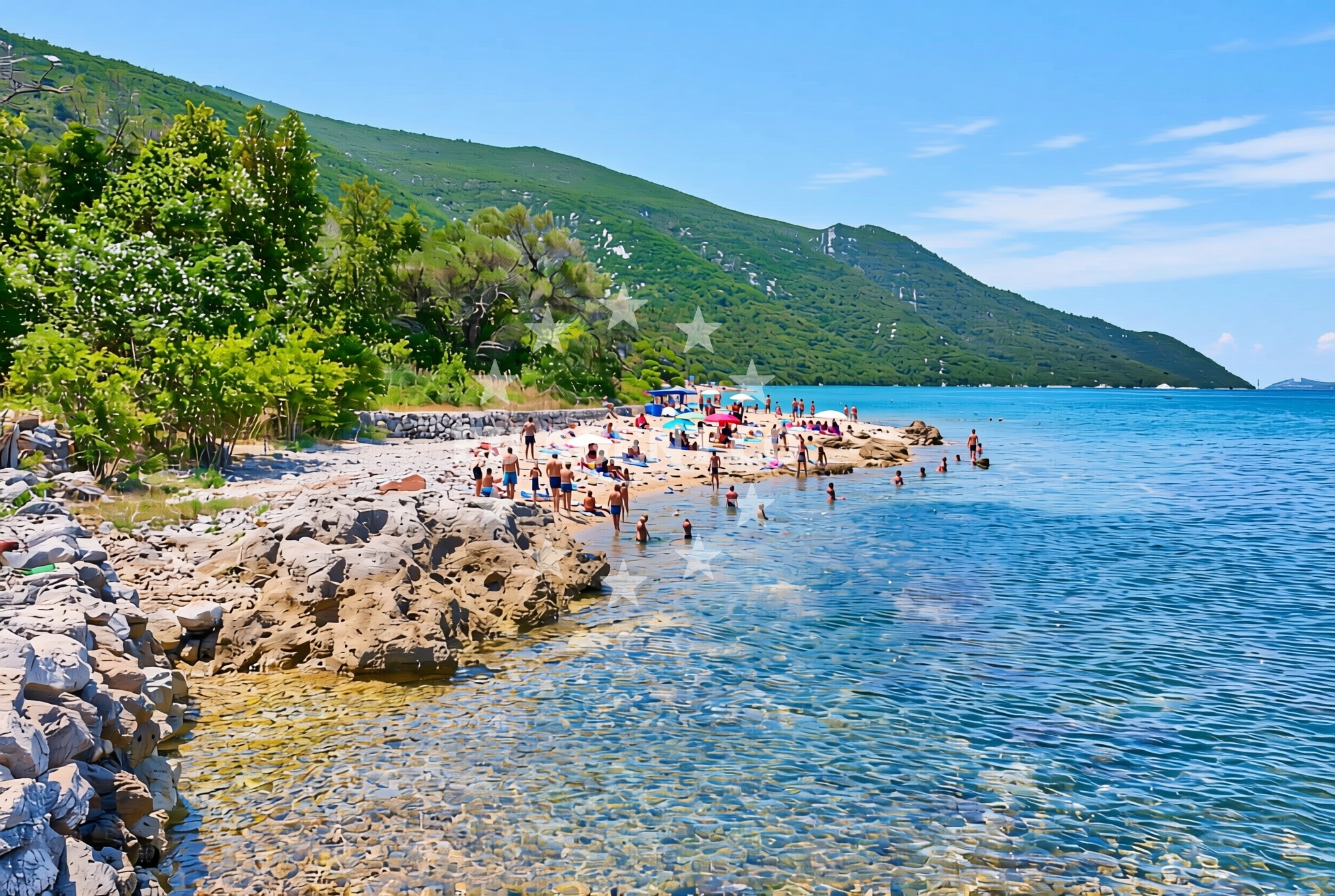 Shoreline and swimming area at Lovrata beach in 84, Duba Stonska