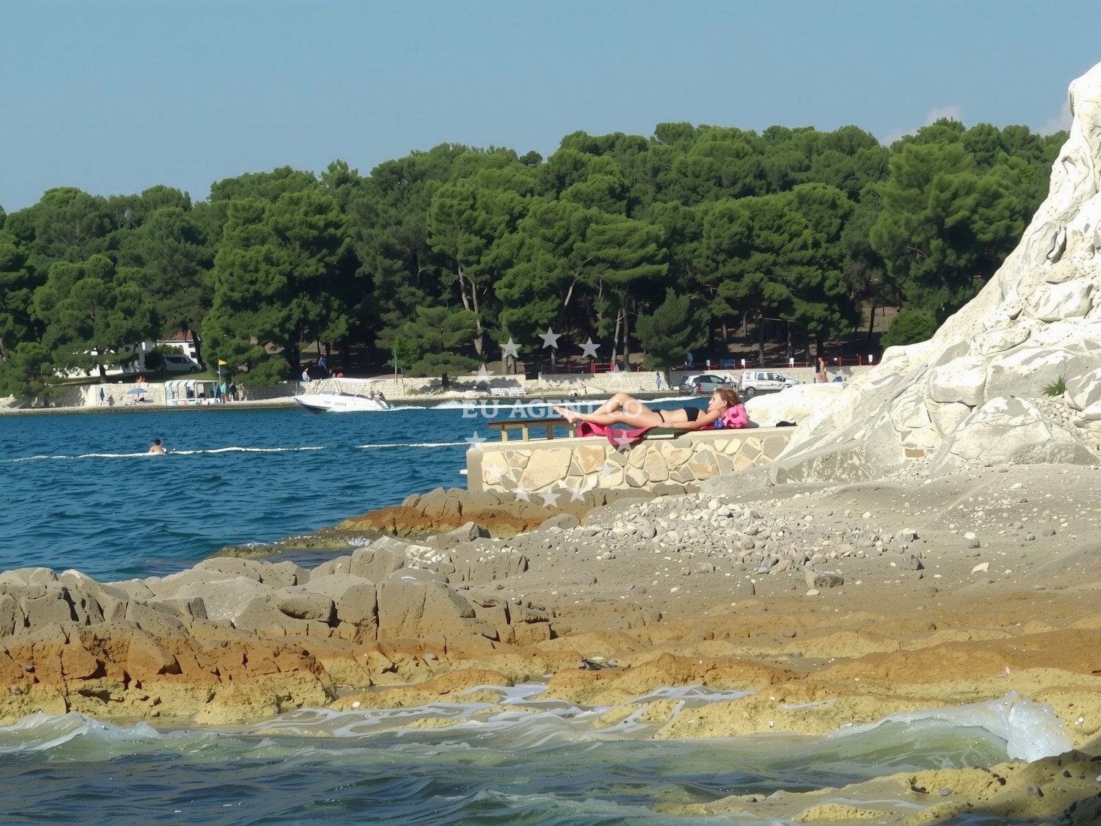 Sea and coastal view of Luno Laguna beach in Plava Laguna Resort, Poreč