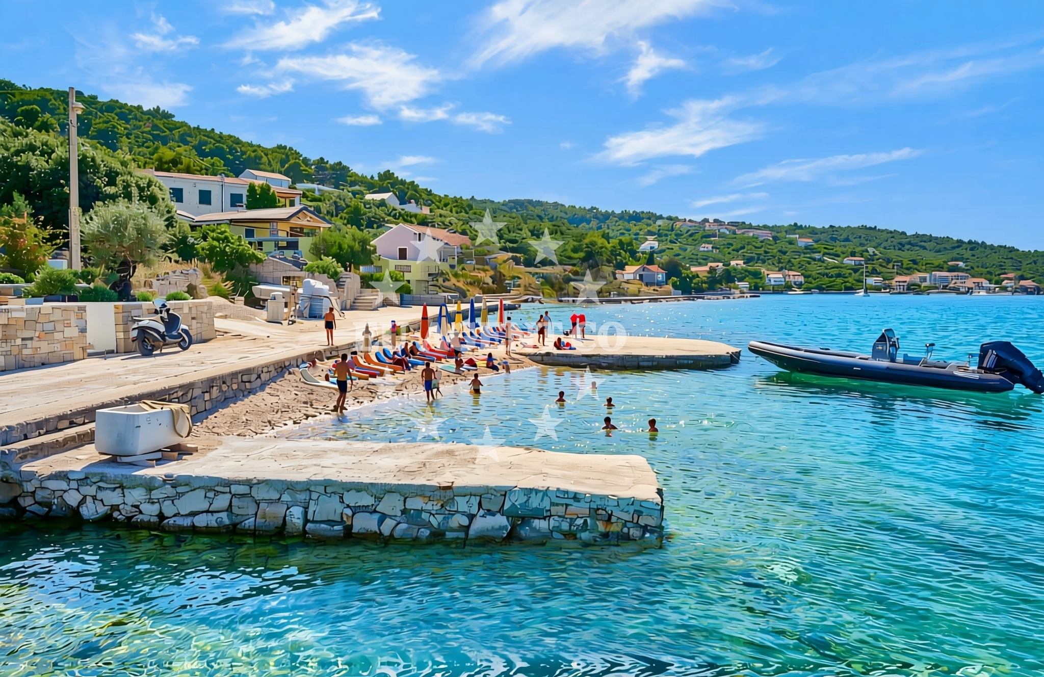 Beach facilities and surroundings at Makovac, Mali Iž (Iž) Beach in Makovac