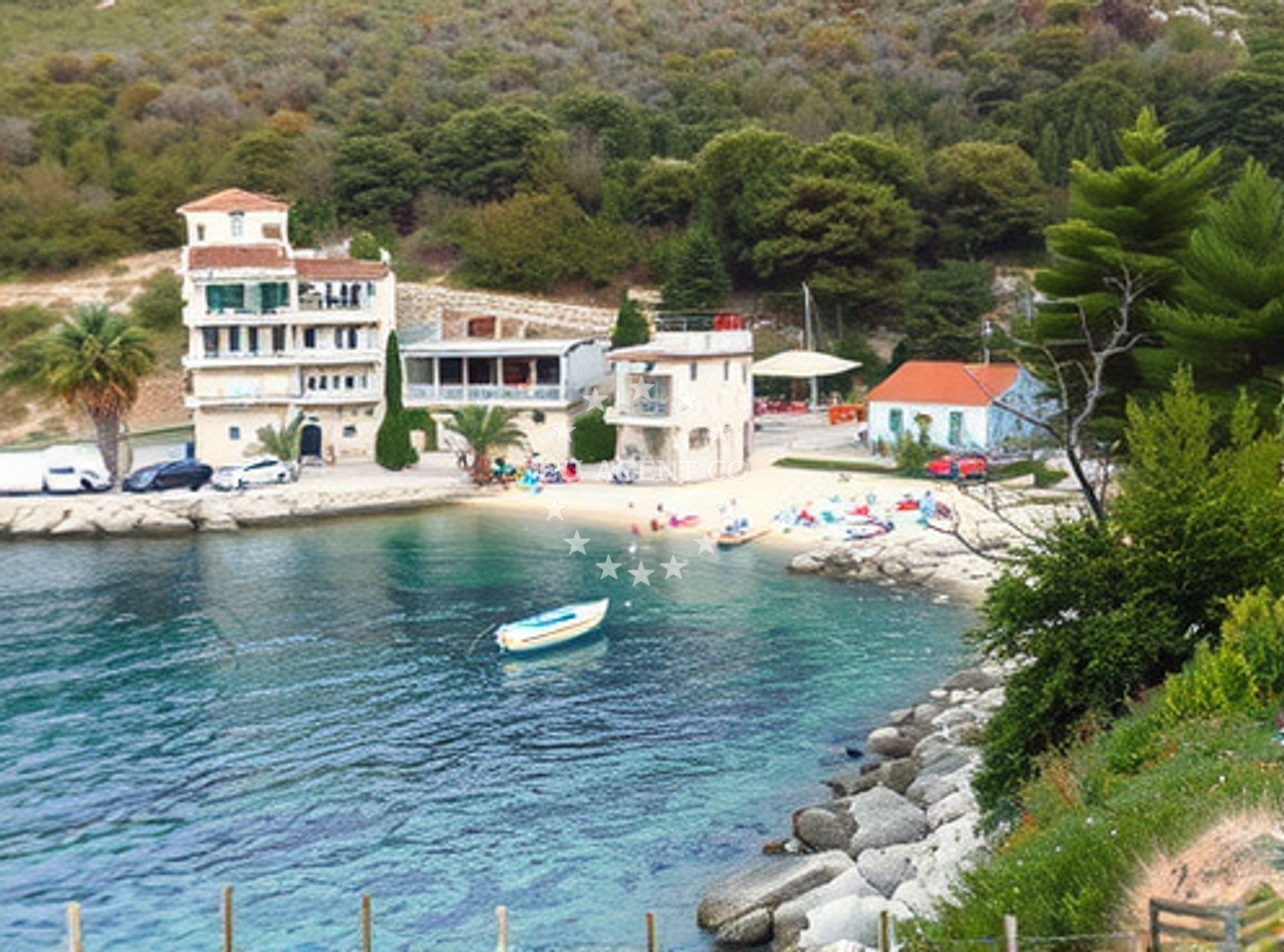 Beach facilities and surroundings at Mala Pogorila beach in , Bogomolje