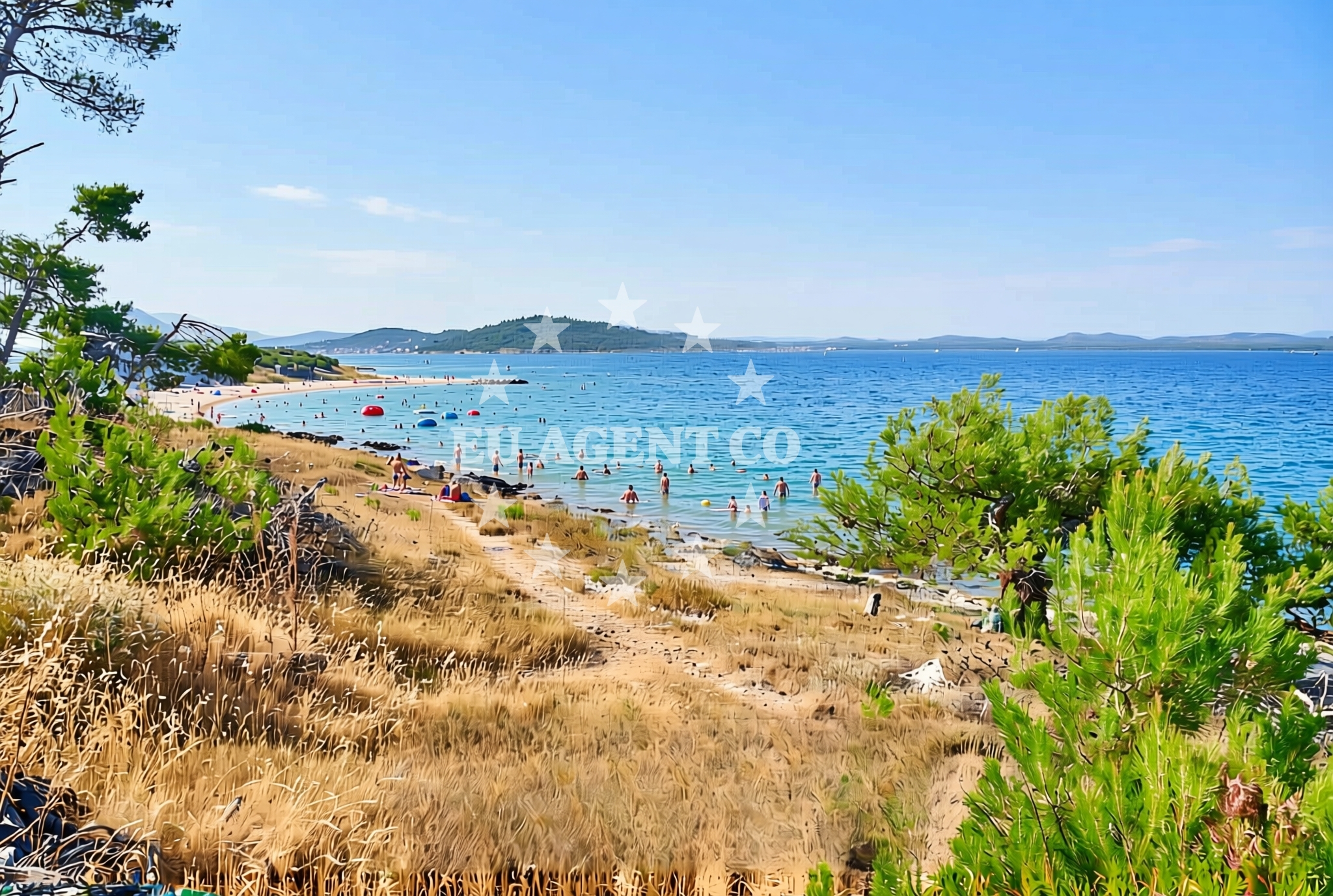 Sea and coastal view of Marin (dog beach), Zlarin (Zlarin) Beach in Marin (plaža za pse)