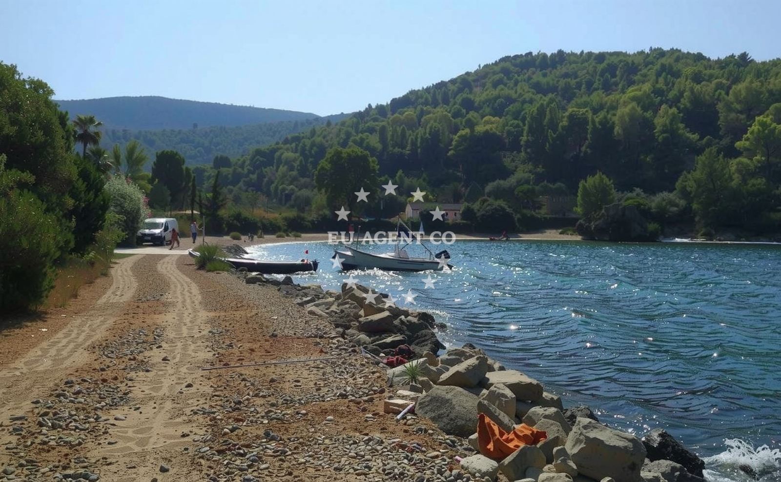 Beach facilities and surroundings at Maslinica beach in Uvala Maslinica, Stari Grad