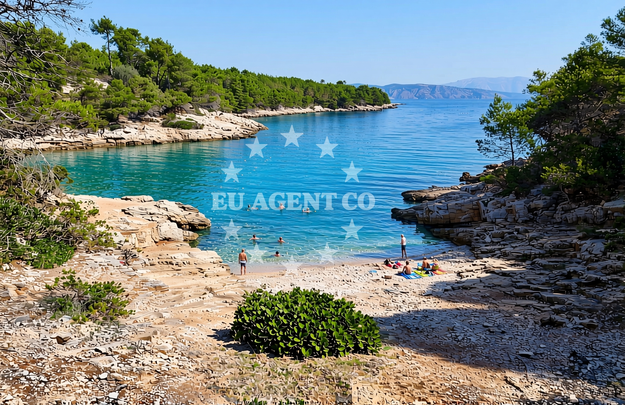 Sea and coastal view of Maslinica jug, Vrboska (Hvar) Beach in Maslinica jug