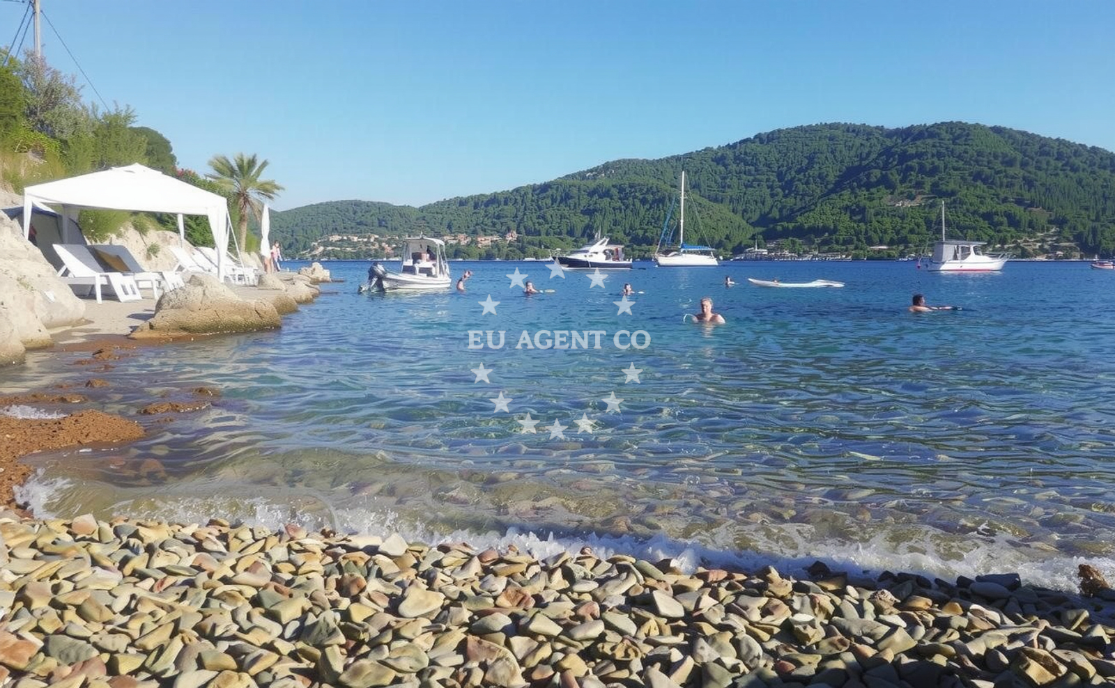 Shoreline and swimming area at Mikulina Luka beach in , Vela Luka