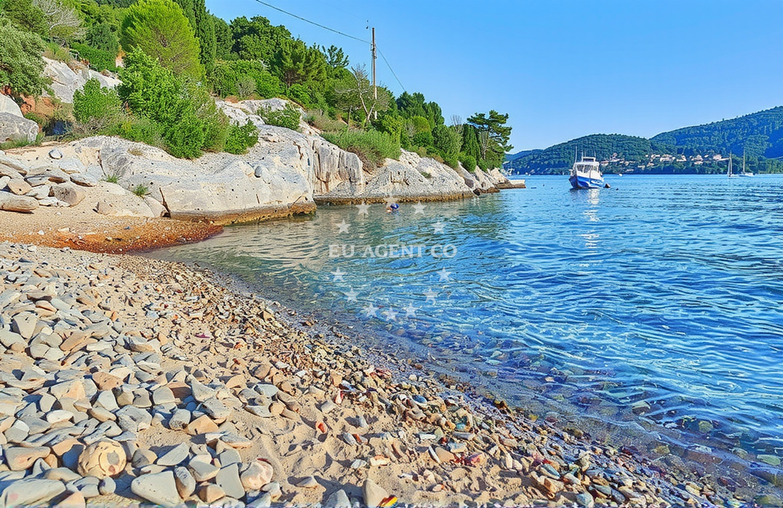Beach facilities and surroundings at Mikulina Luka beach in , Vela Luka