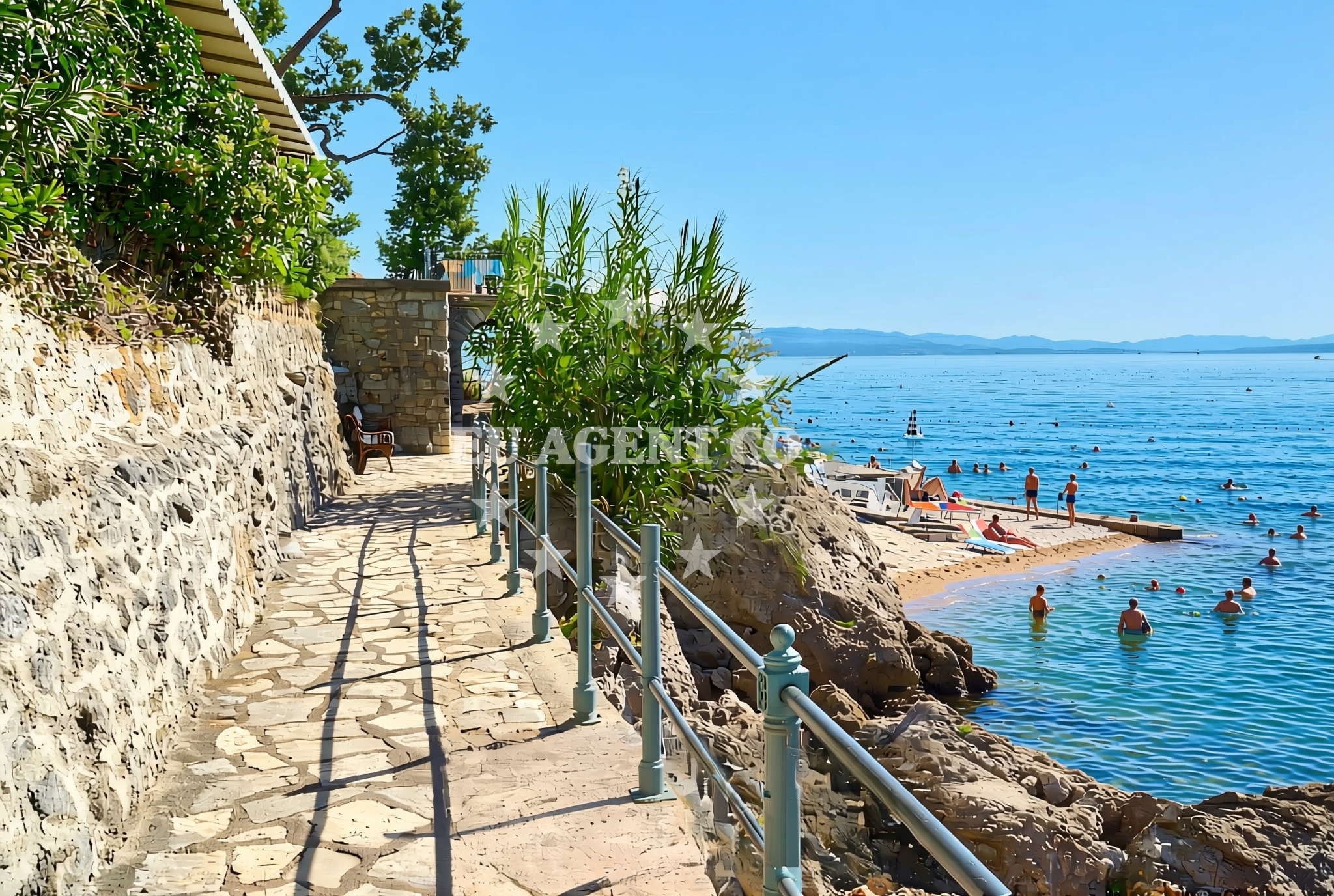 Sea and coastal view of Miramar, Opatija Beach in Miramar