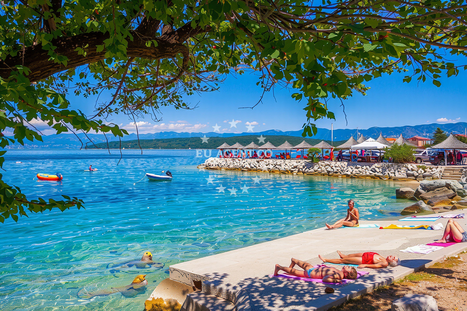 Shoreline and swimming area at Miramare beach in , Njivice