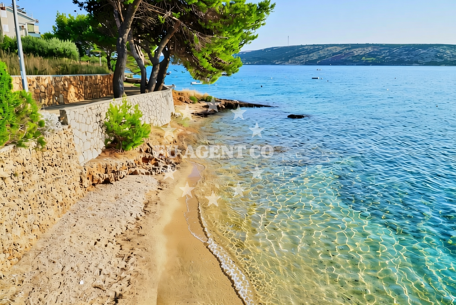 Shoreline and swimming area at Mul, Stara Novalja (Pag) Beach in Mul