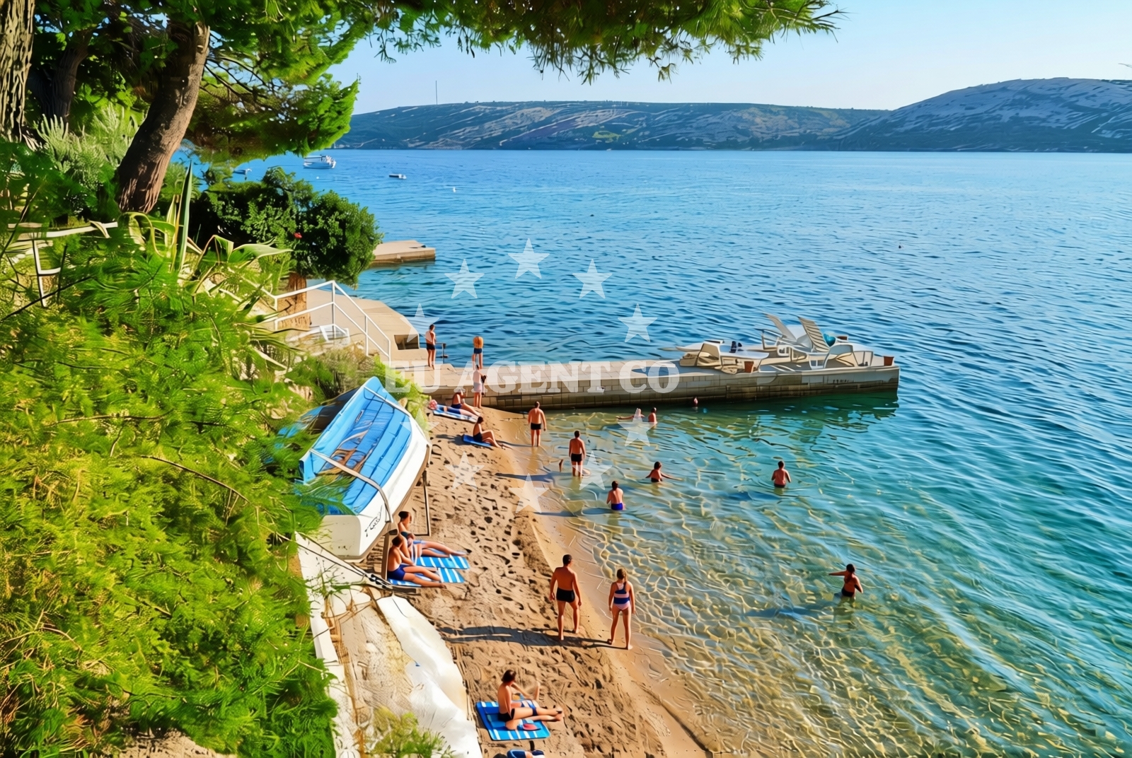 Beach facilities and surroundings at Mul, Stara Novalja (Pag) Beach in Mul