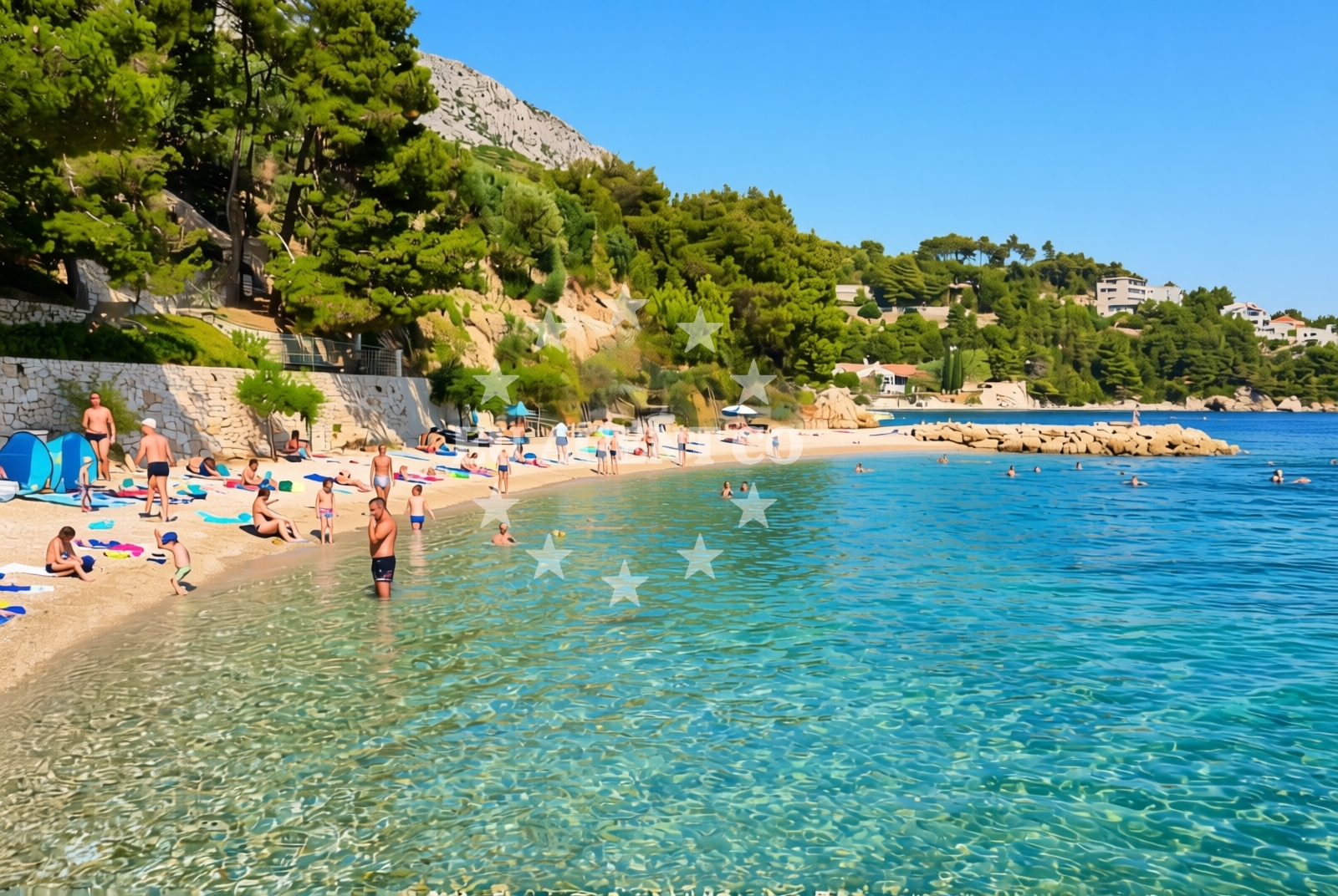 Shoreline and swimming area at Nemira jug, Omiš Beach in Nemira jug
