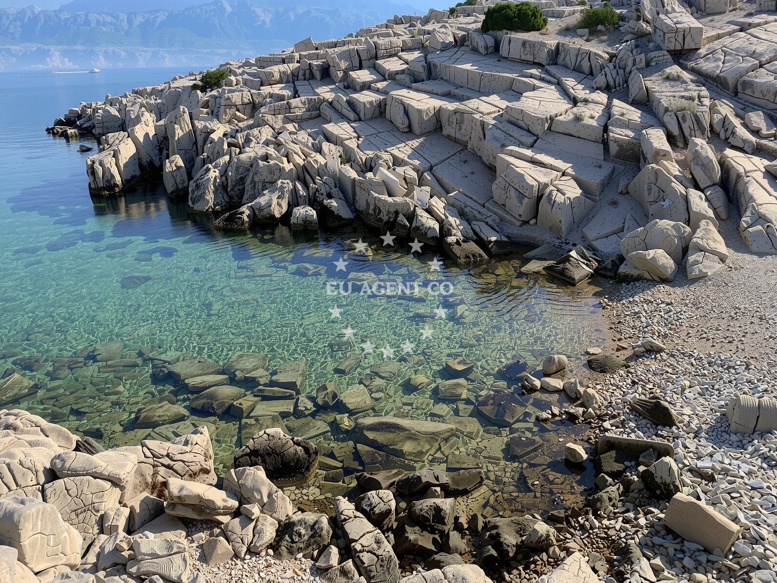 Shoreline and swimming area at Nudist Beach Jadra in , Novalja