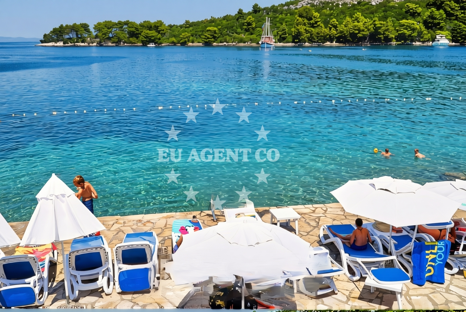 Beach facilities and surroundings at Odisej, Pomena (Mljet) Beach in Odisej