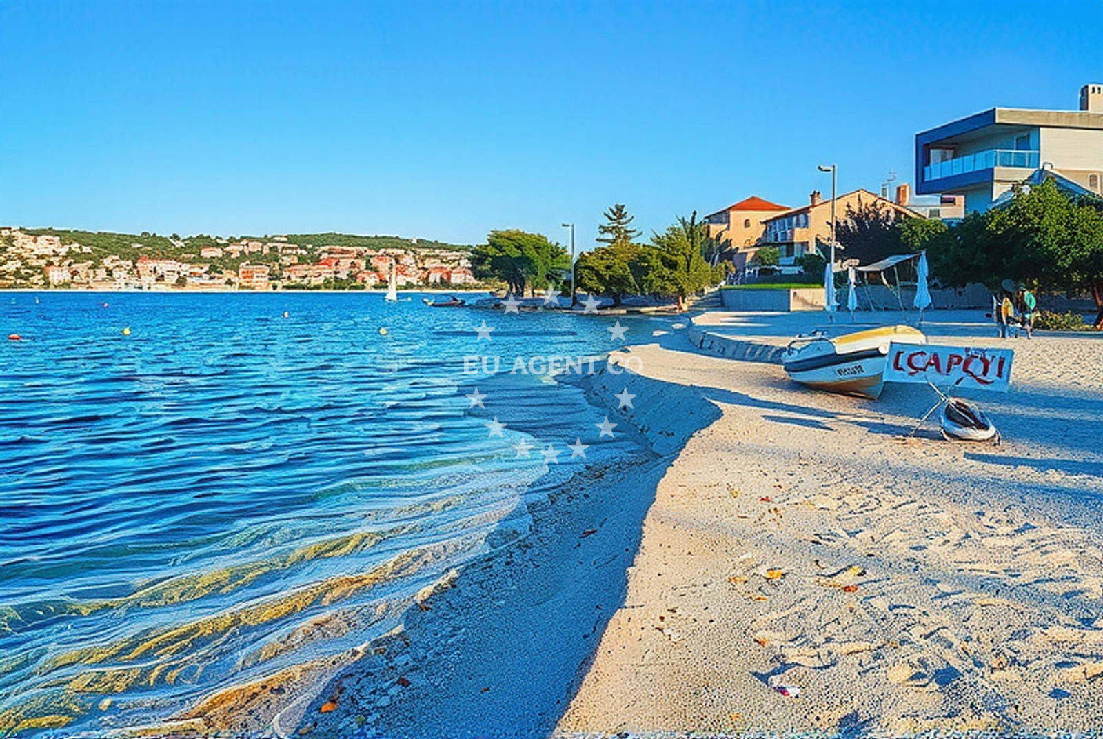 Sea and coastal view of Okrug Gornji II beach in Planikovica III, Trogir