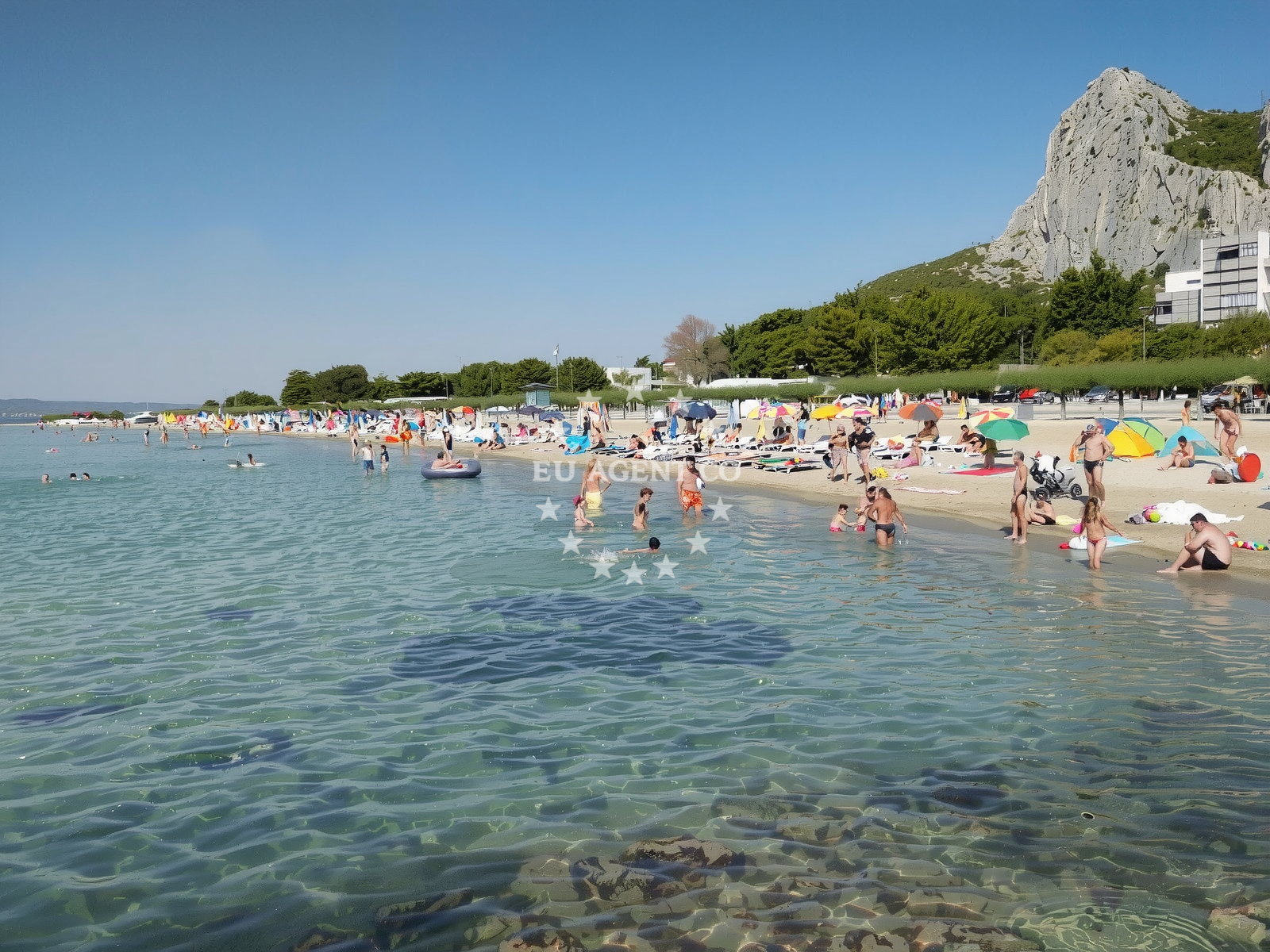 Beach facilities and surroundings at Omis beach in , Omiš