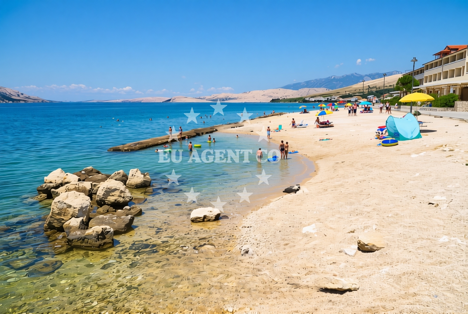 Sea and coastal view of Pagus, Pag (Pag) Beach in Pagus