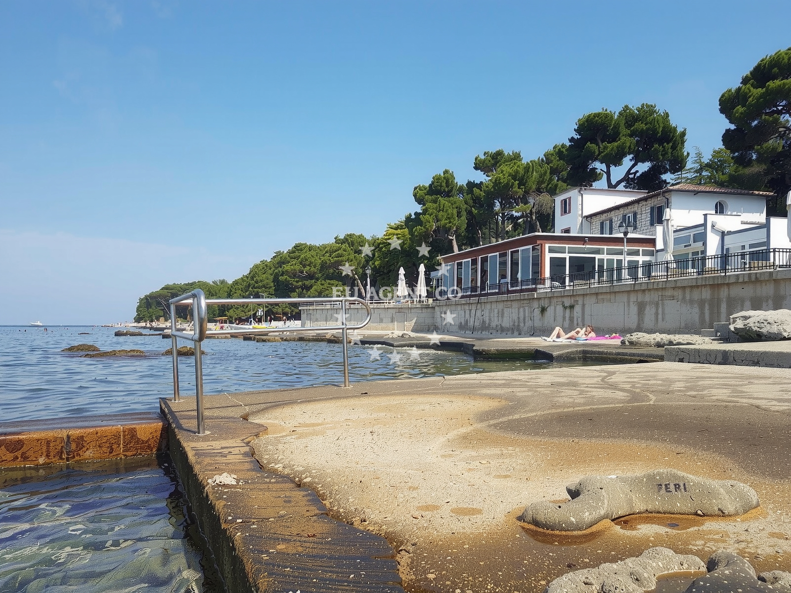 Shoreline and swimming area at Pineta beach in Pineta 1, Savudrija