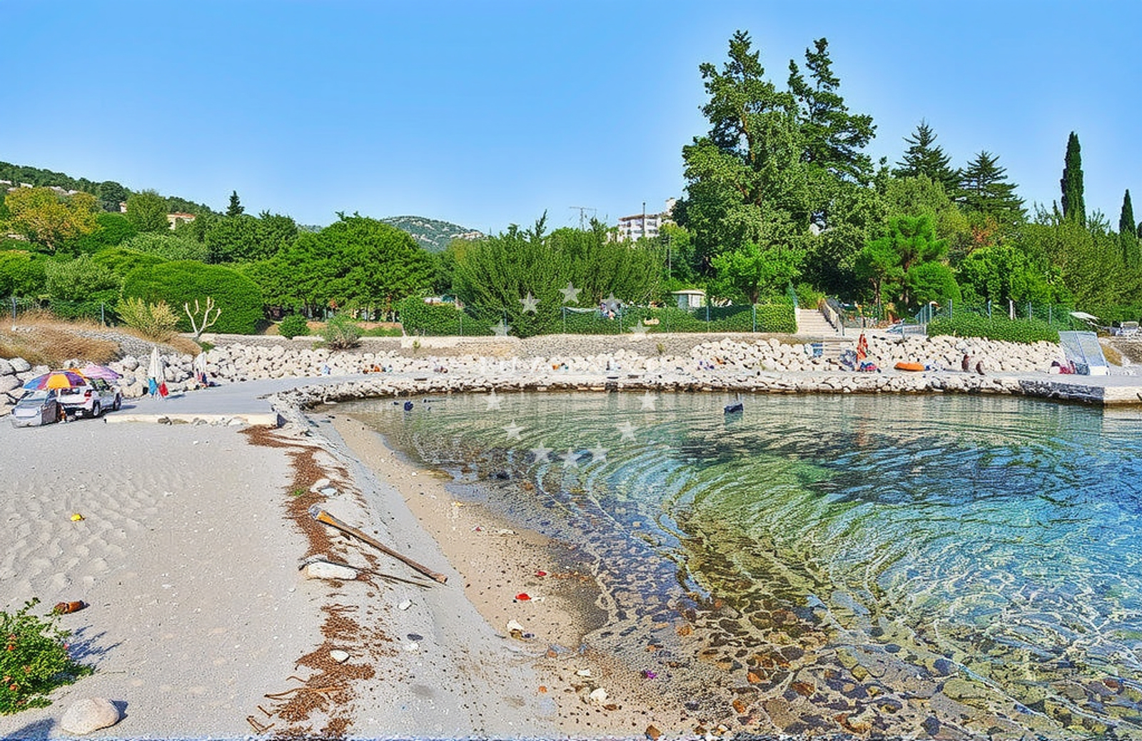 Beach facilities and surroundings at Piske II beach in Kneze 55, Korčula