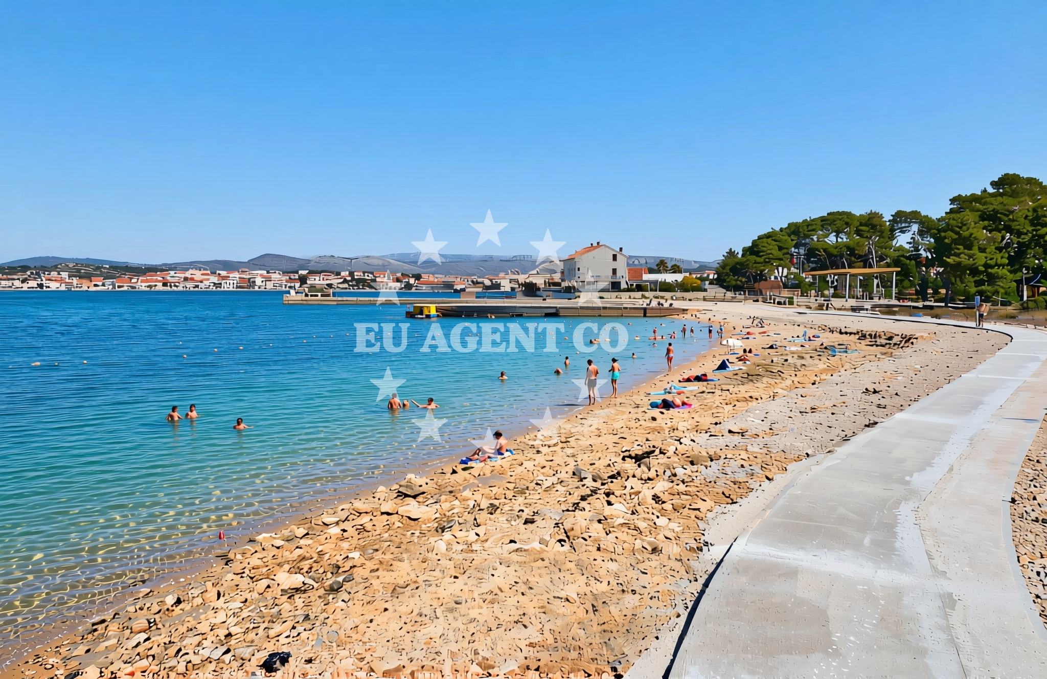 Sea and coastal view of Pješčana plaža, Krapanj (Krapanj) Beach in Pješčana plaža