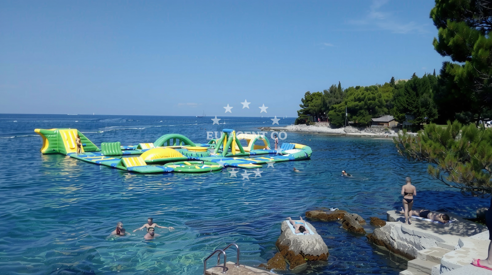 Beach facilities and surroundings at Plava Laguna beach in Plava Laguna Resort, Poreč
