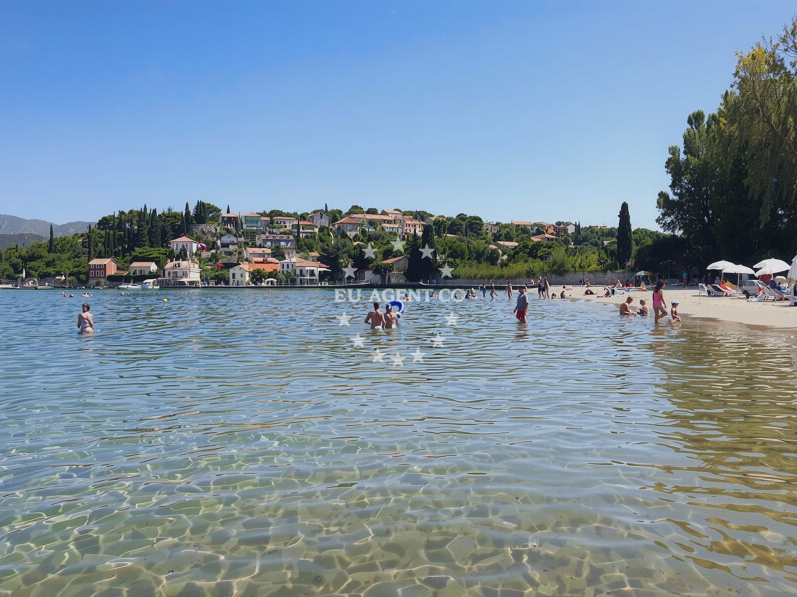 Sea and coastal view of Plaza Donje Celo in Gornje celo, Koločep