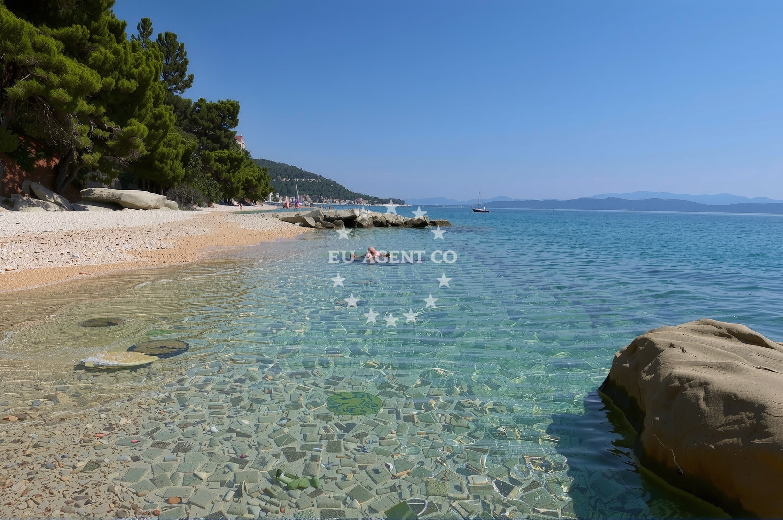 Shoreline and swimming area at Plaza Frara in , Podgora