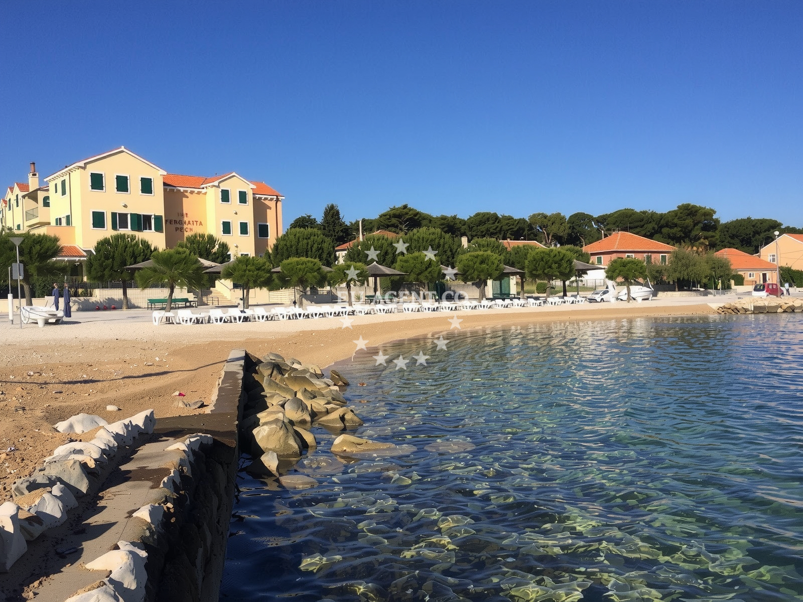 Beach facilities and surroundings at Plaza Spongiola in , Šibenik