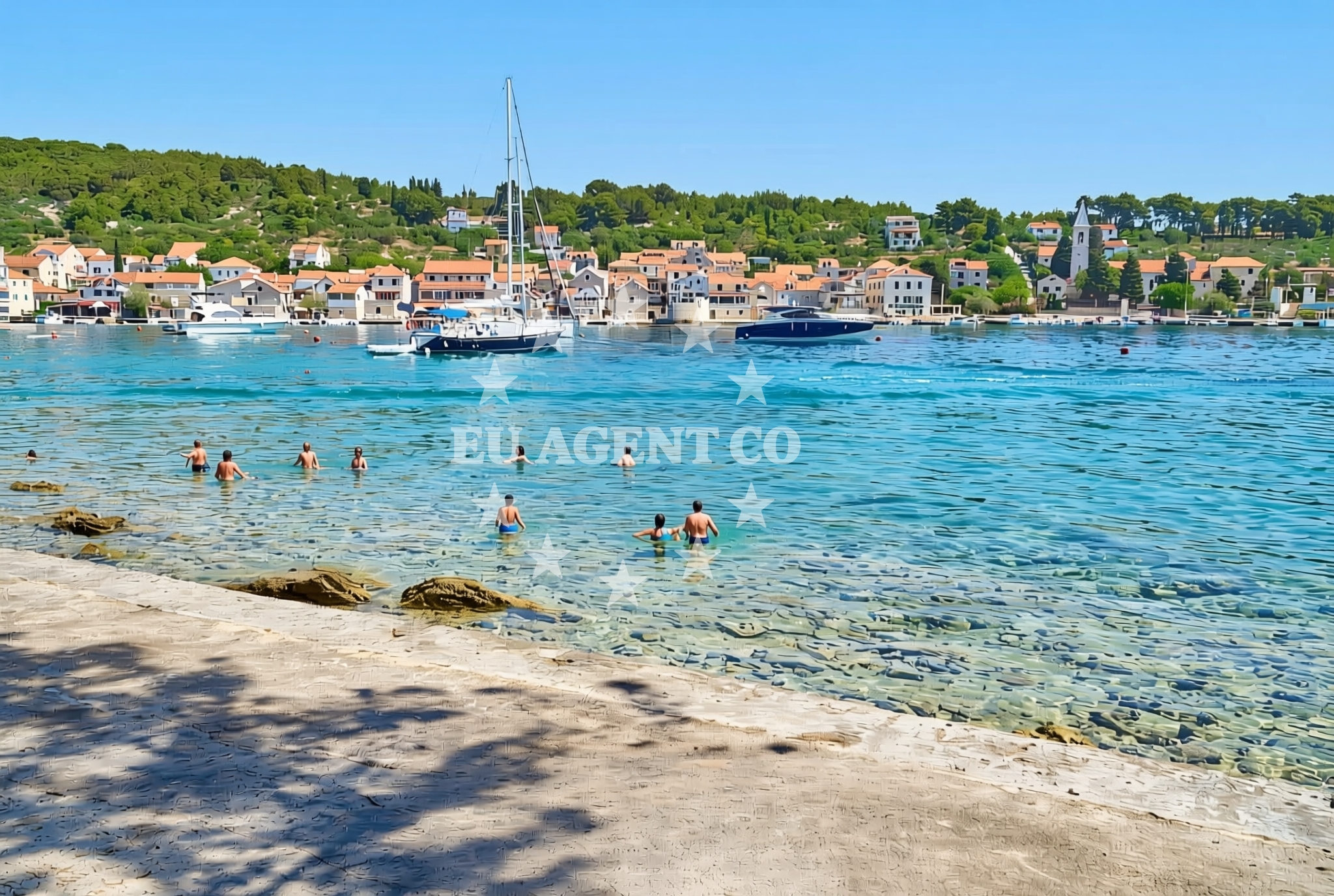 Beach facilities and surroundings at Požega, Prvić Luka (Prvić) Beach in Požega