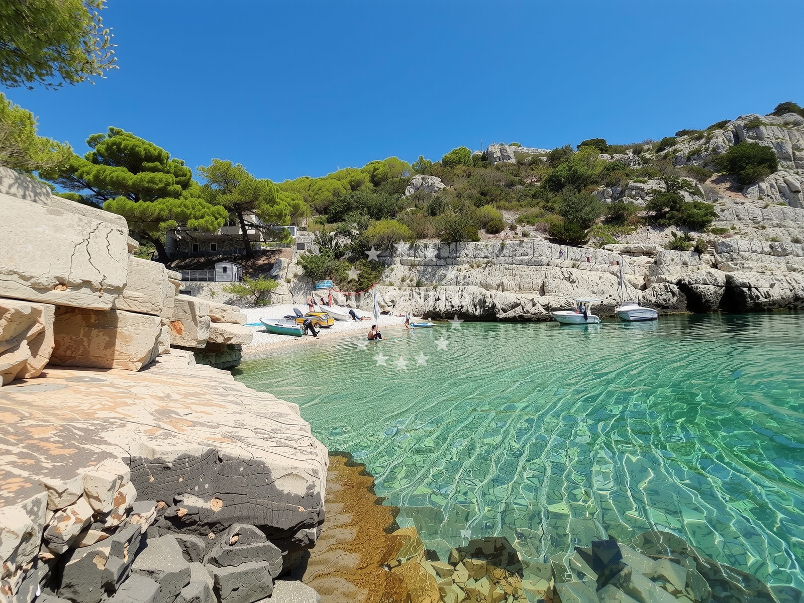 Shoreline and swimming area at Pritiscina beach in Riva sv. Mikule 7, Komiža