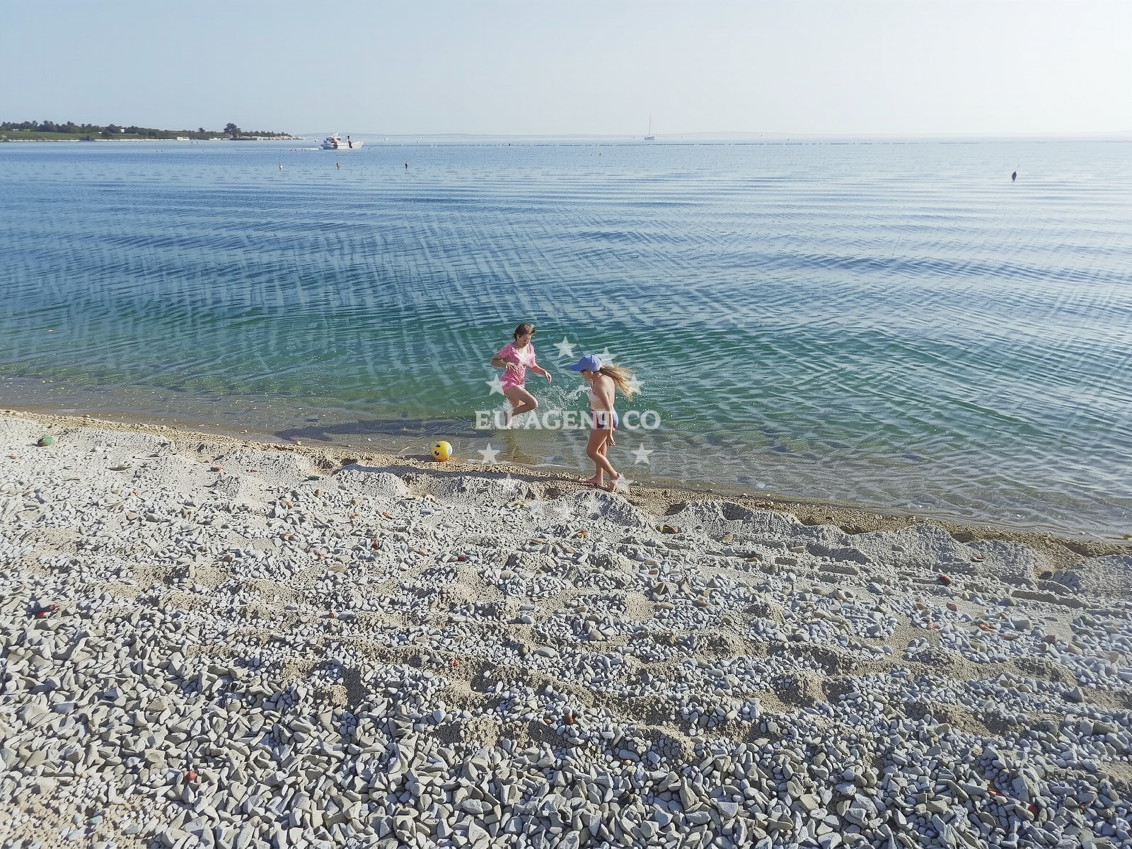 Shoreline and swimming area at Riva beach in , Novalja