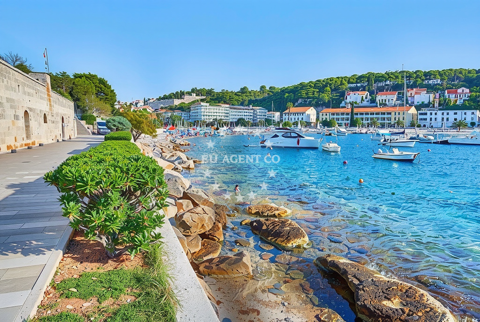 Sea and coastal view of Riva, Hvar (Hvar) Beach in Riva
