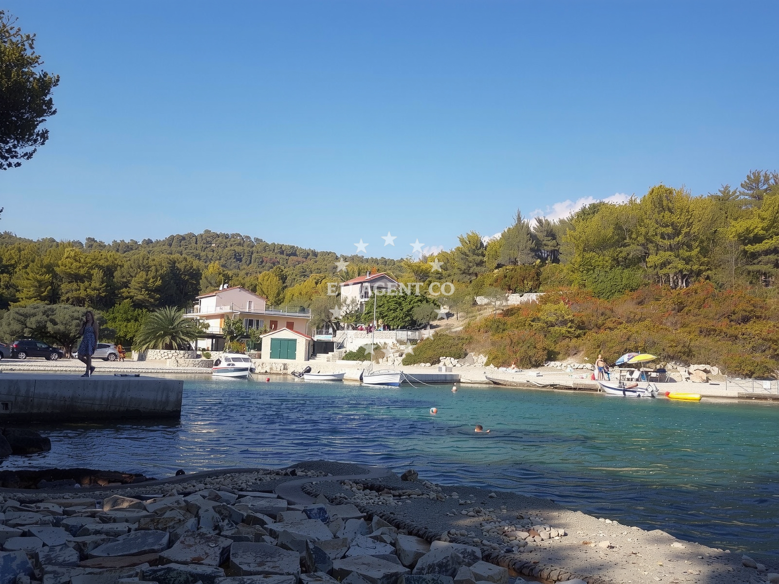Shoreline and swimming area at Slatina beach in Uvala Poplat Broj 40, Vela Luka