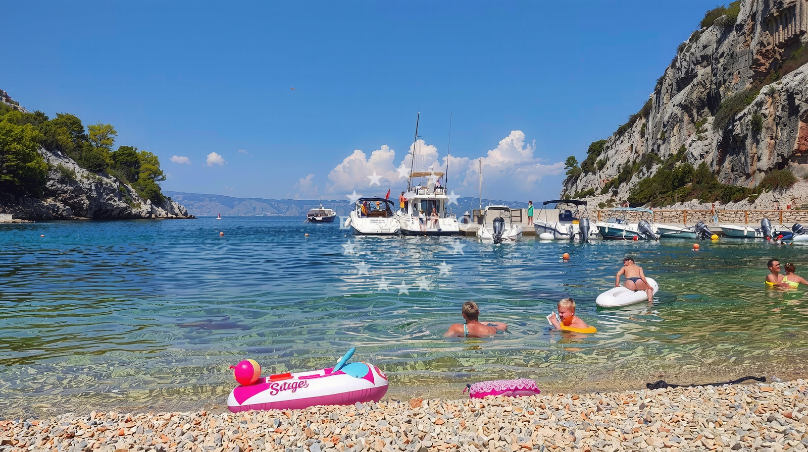 Shoreline and swimming area at Velika Stiniva beach in Uvala Vela Stiniva, Zastražišće