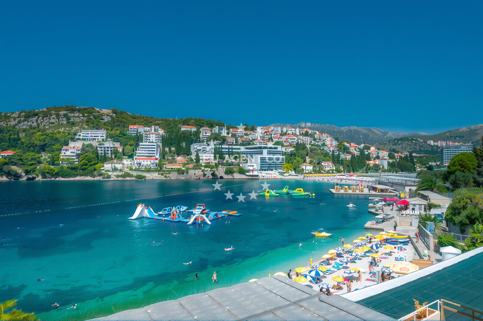 Beach facilities and surroundings at Vis beach in Masarykov put 3D, Dubrovnik