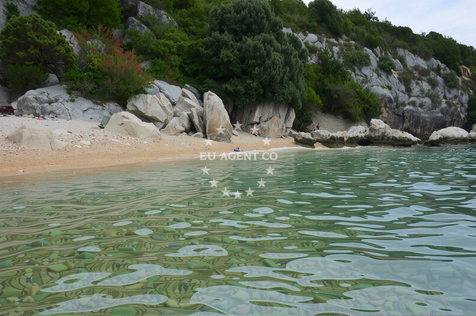 Beach facilities and surroundings at West FKK in Donja Vala, Drvenik
