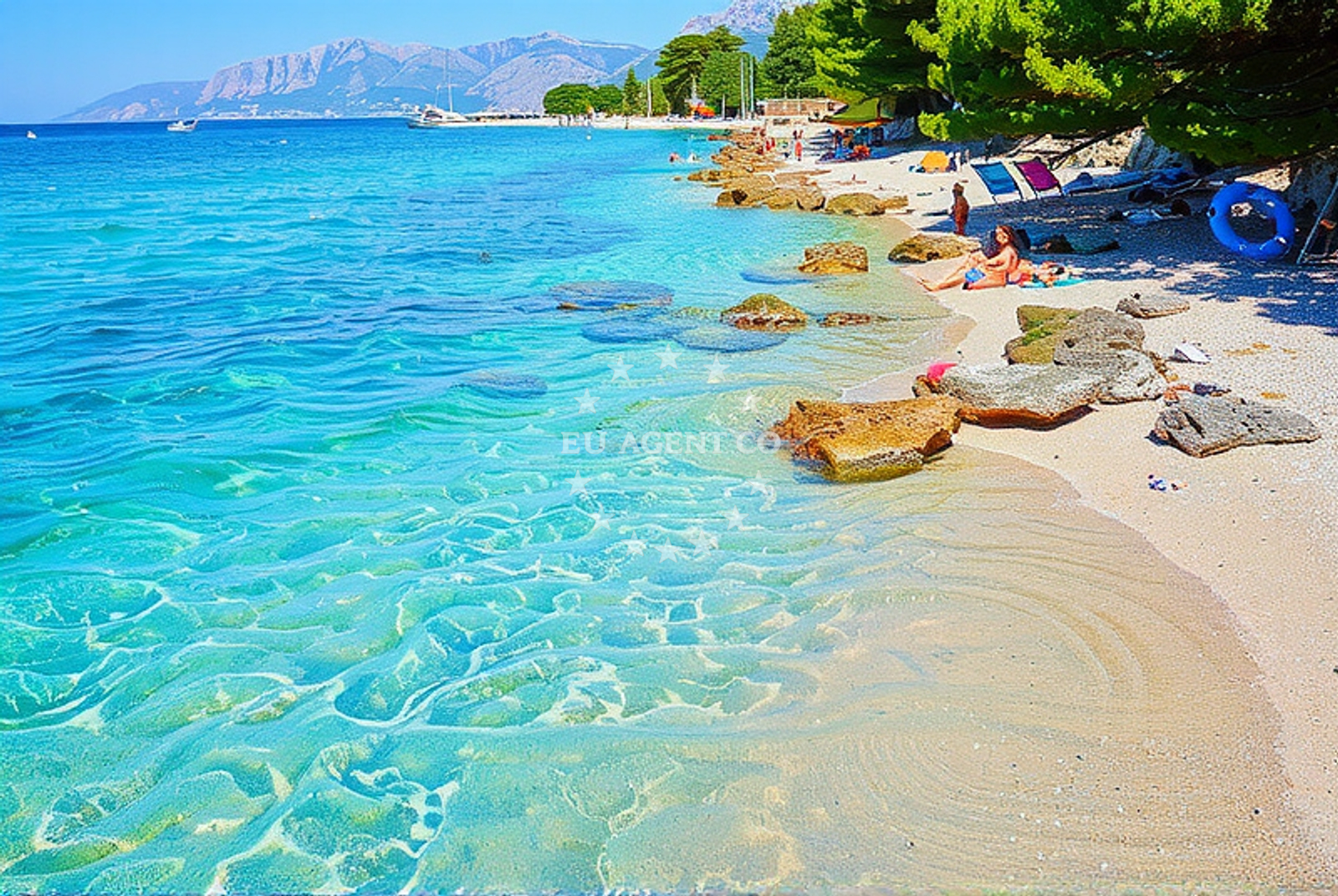 Baško Polje Beach near Baska Voda, Croatia with clear waters and pine forest backdrop