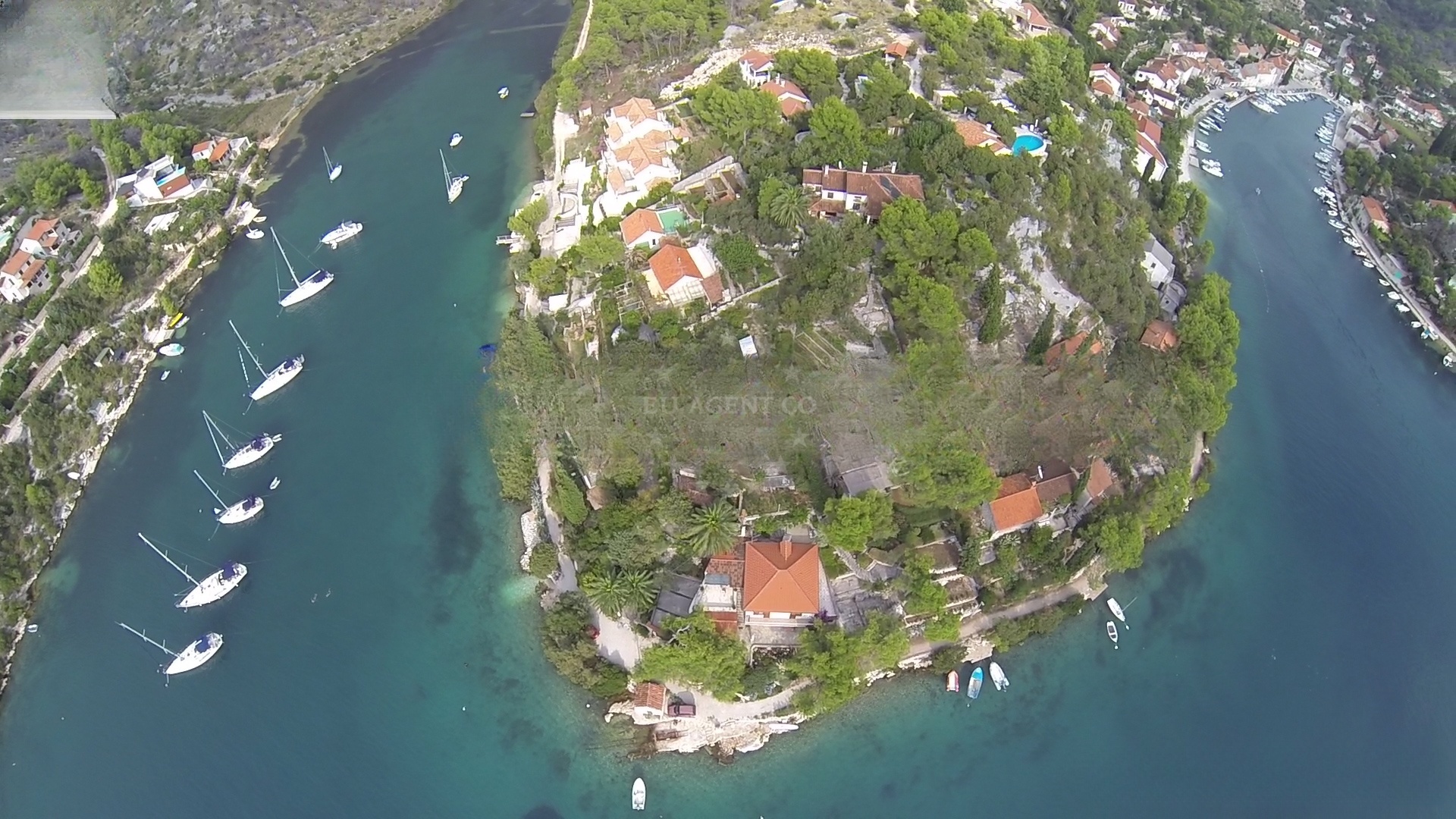 View of the buoy field and nearby village of Bobovisce