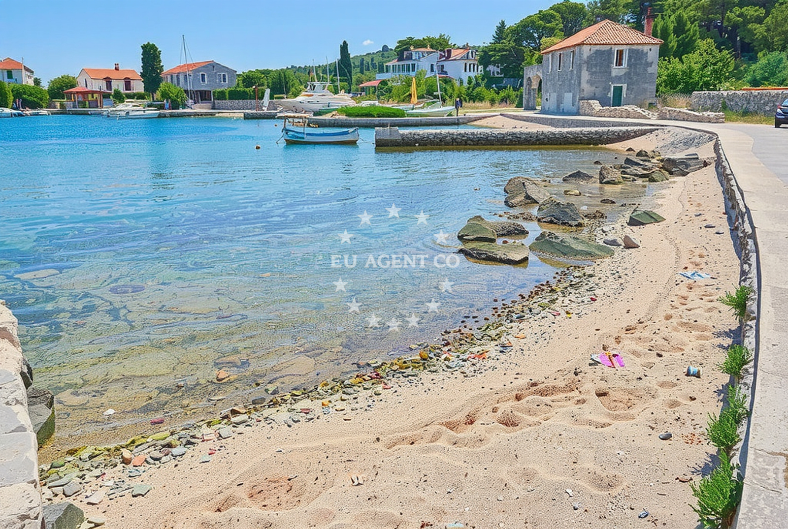 Sepurine East Jetty on Prvić Island, Croatia, with boats moored in shallow waters
