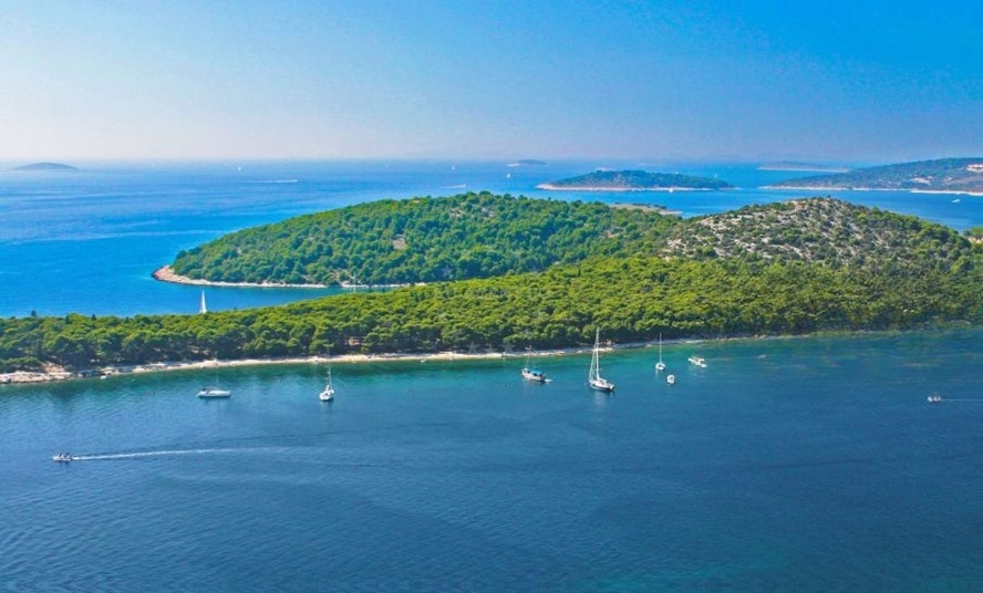 Nautical view of Rogoznica coastline from buoy field