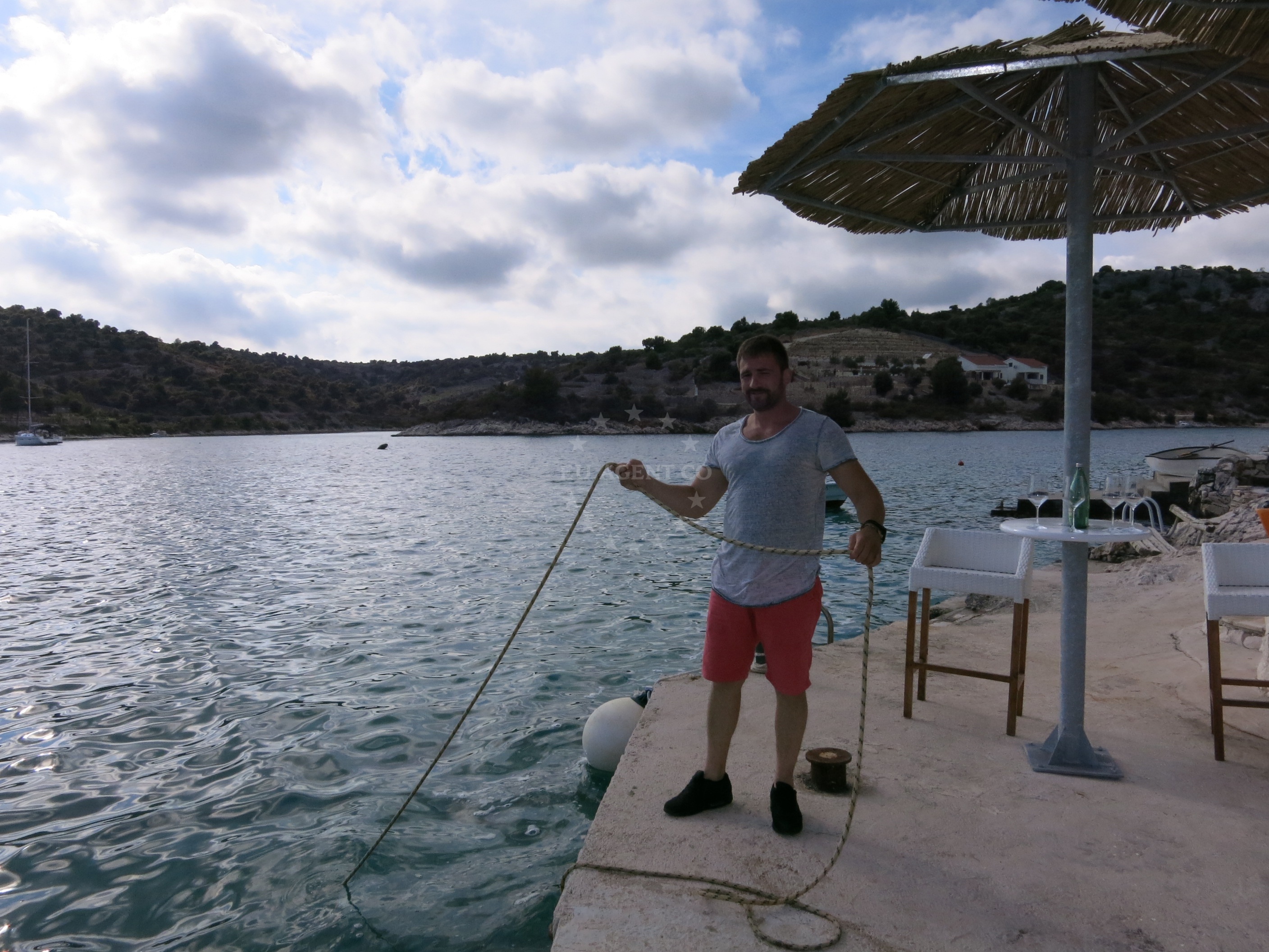 Yacht moored at Konoba Lanterna Quay, Sevid, Central Dalmatia