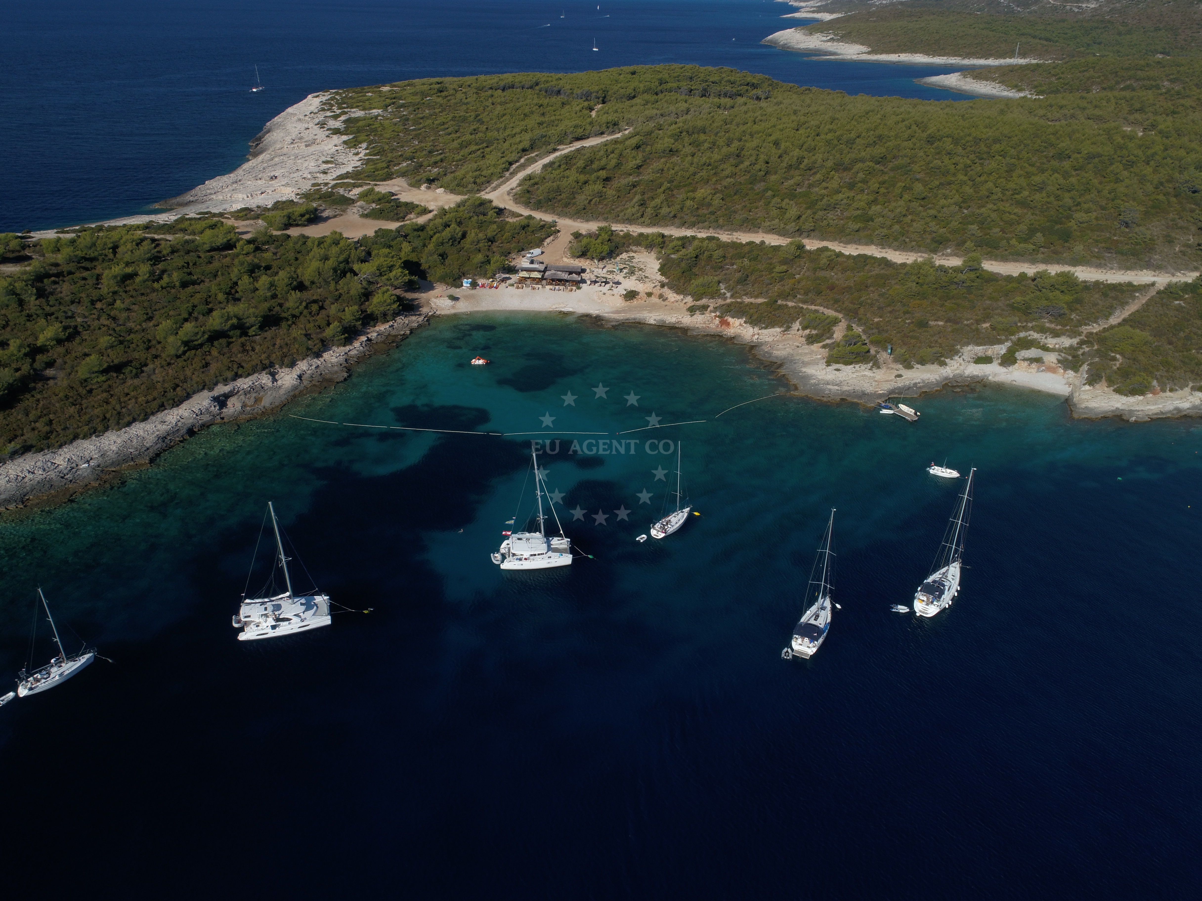 Buoy field with restaurant and bar in Rukavac Bay, Vis