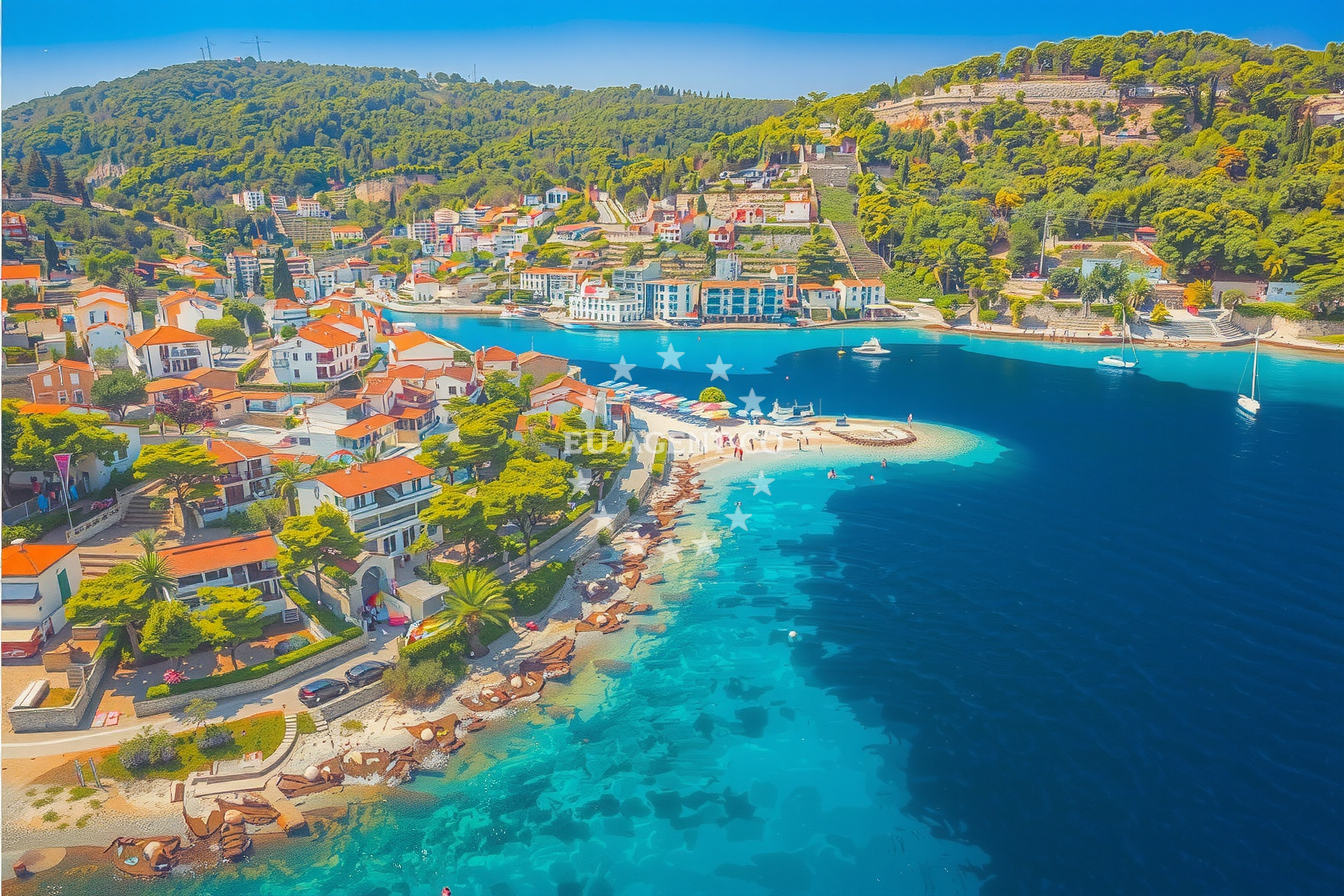 Quay in Cesarica, Istria and Kvarner, Croatia with a mooring line in shallow waters