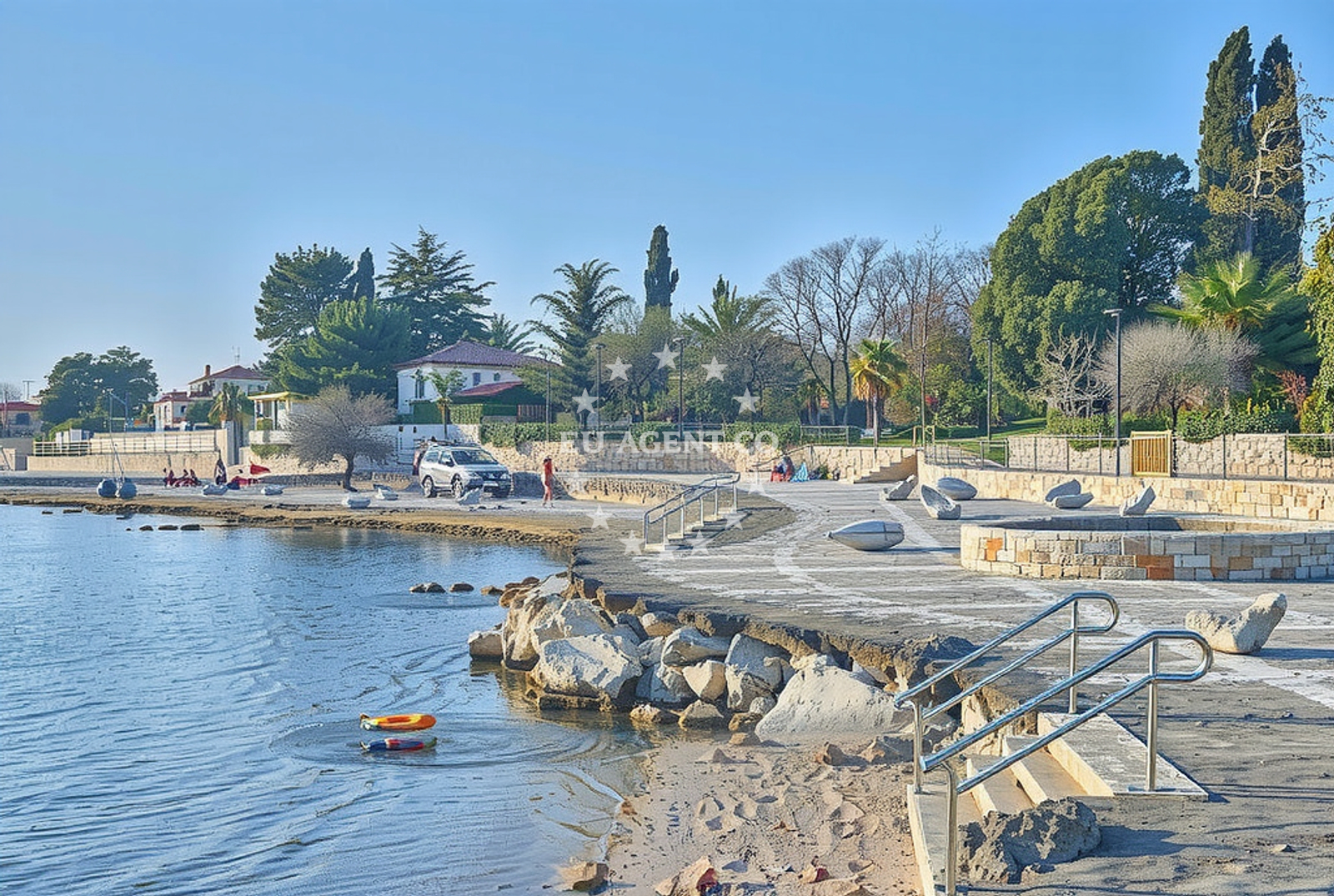 Mooring jetty in Dalja, Croatia with boats anchored nearby
