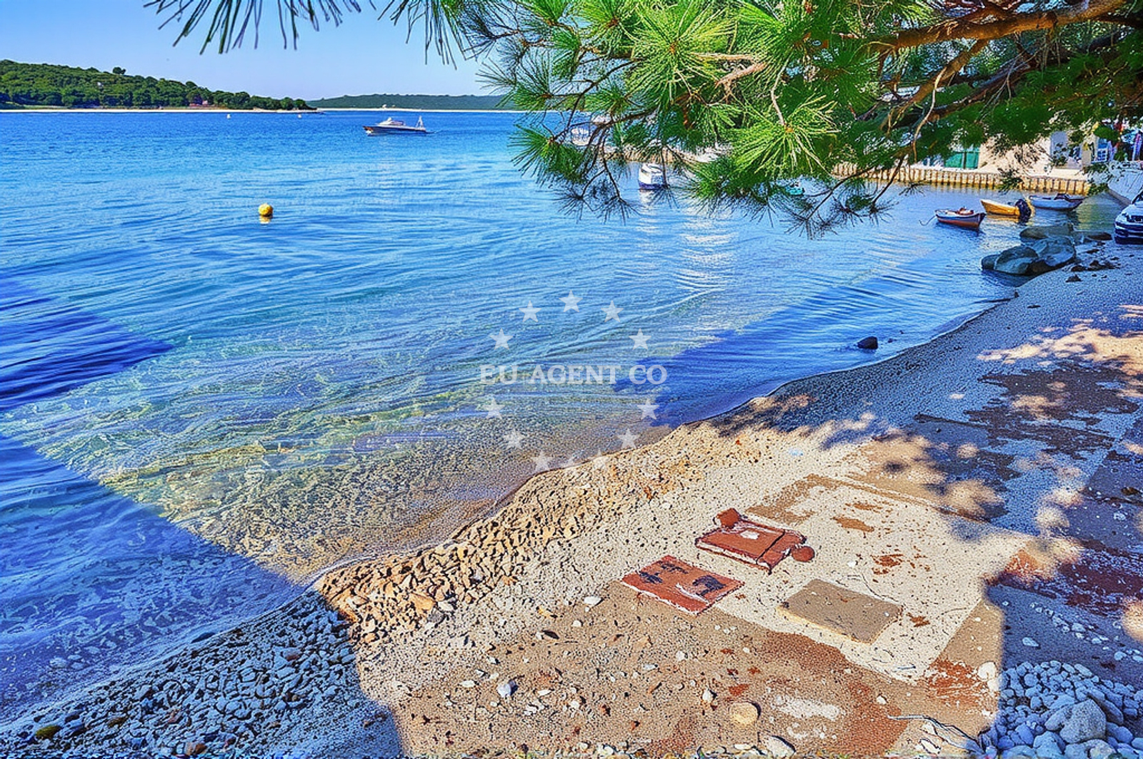 Nautical buoy and jetty in Koludarc, Croatia, with the Adriatic Sea in the background