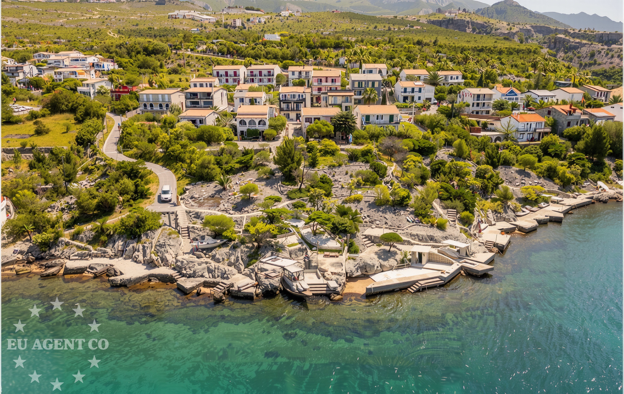 Aerial view of the Prizna Jetty and surrounding coastal landscape in Istria and Kvarner.