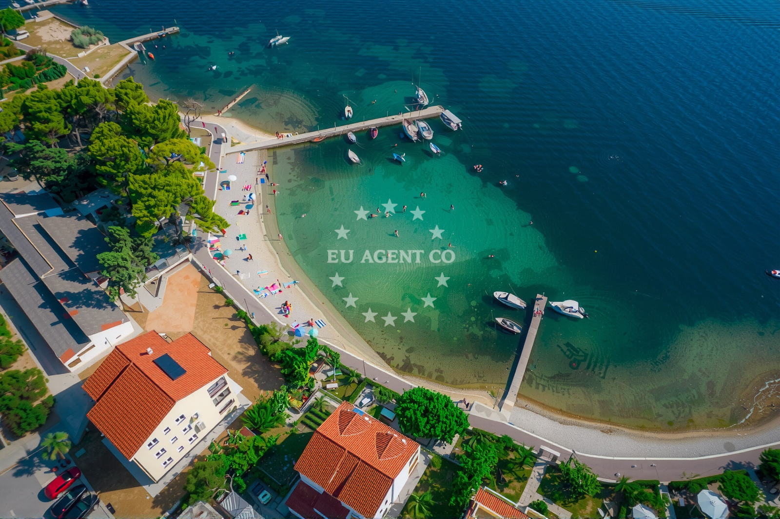 Banjol Jetty on Rab Island, Croatia with mooring lines and Adriatic Sea view