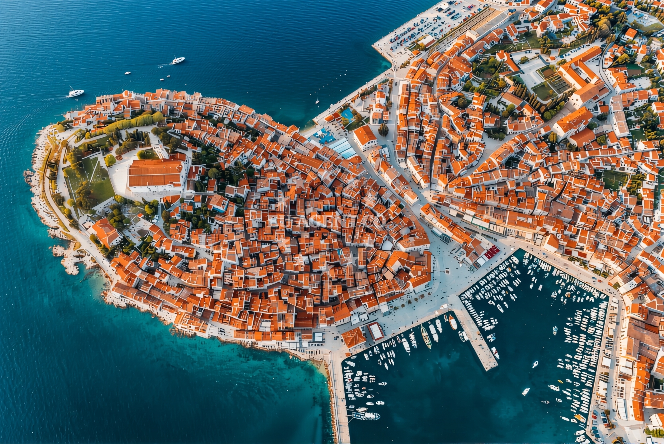 Sailboat approaching Rovinj jetty with Rovinj Old Town visible on the horizon