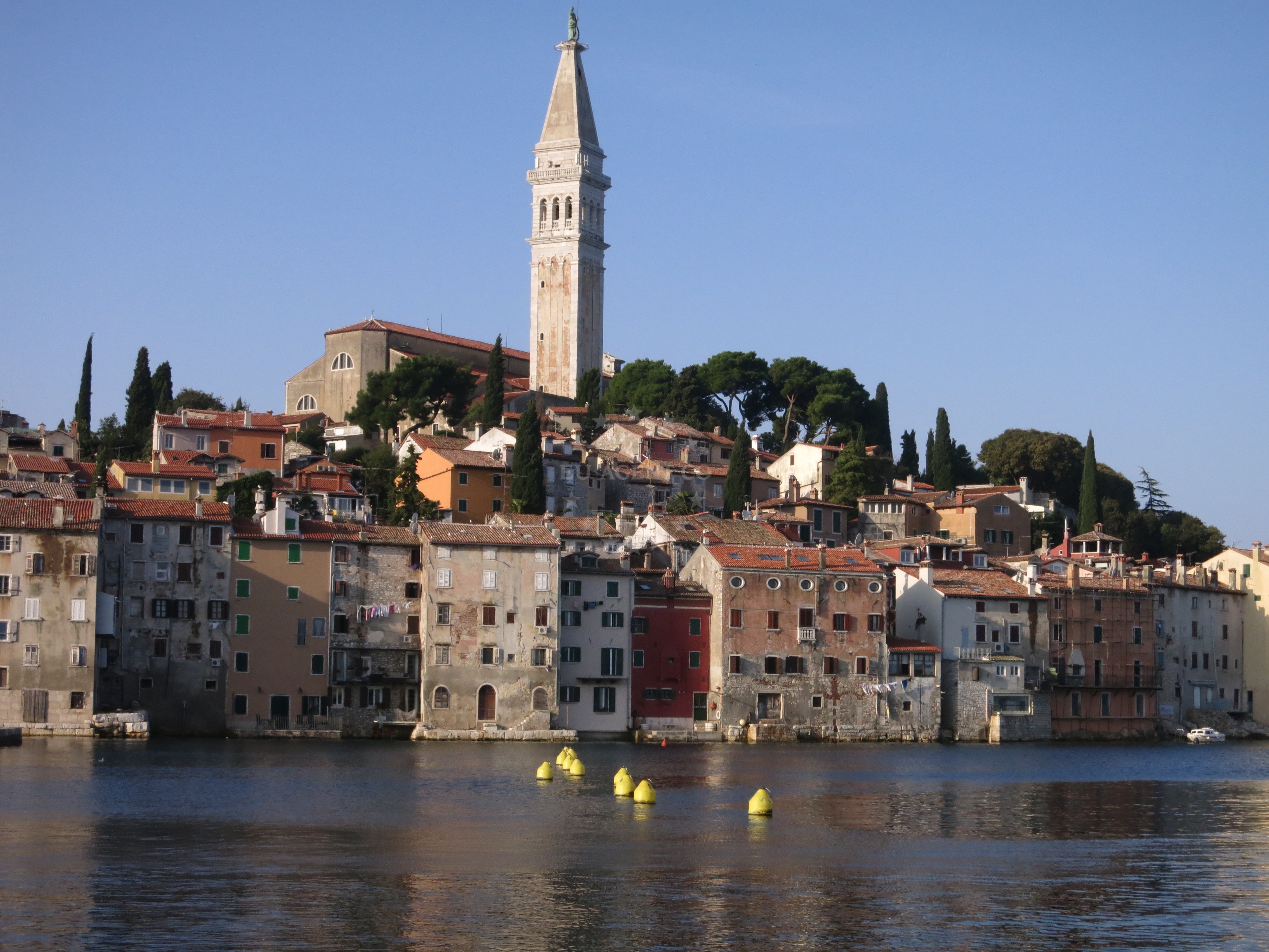 Rovinj quay with buoy alignment facing the town skyline